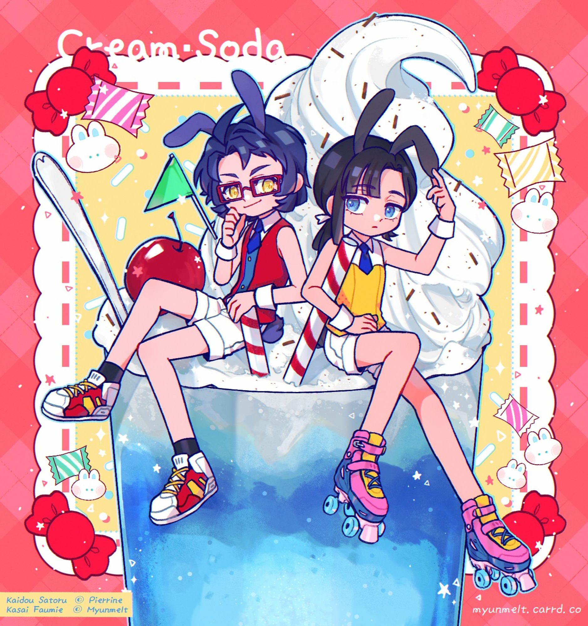 A digital drawing of a couple of teens with bunny-ears headbands, wearing roller skates, sitting on a giant blue cream soda with candies and confetti decorations in the background.