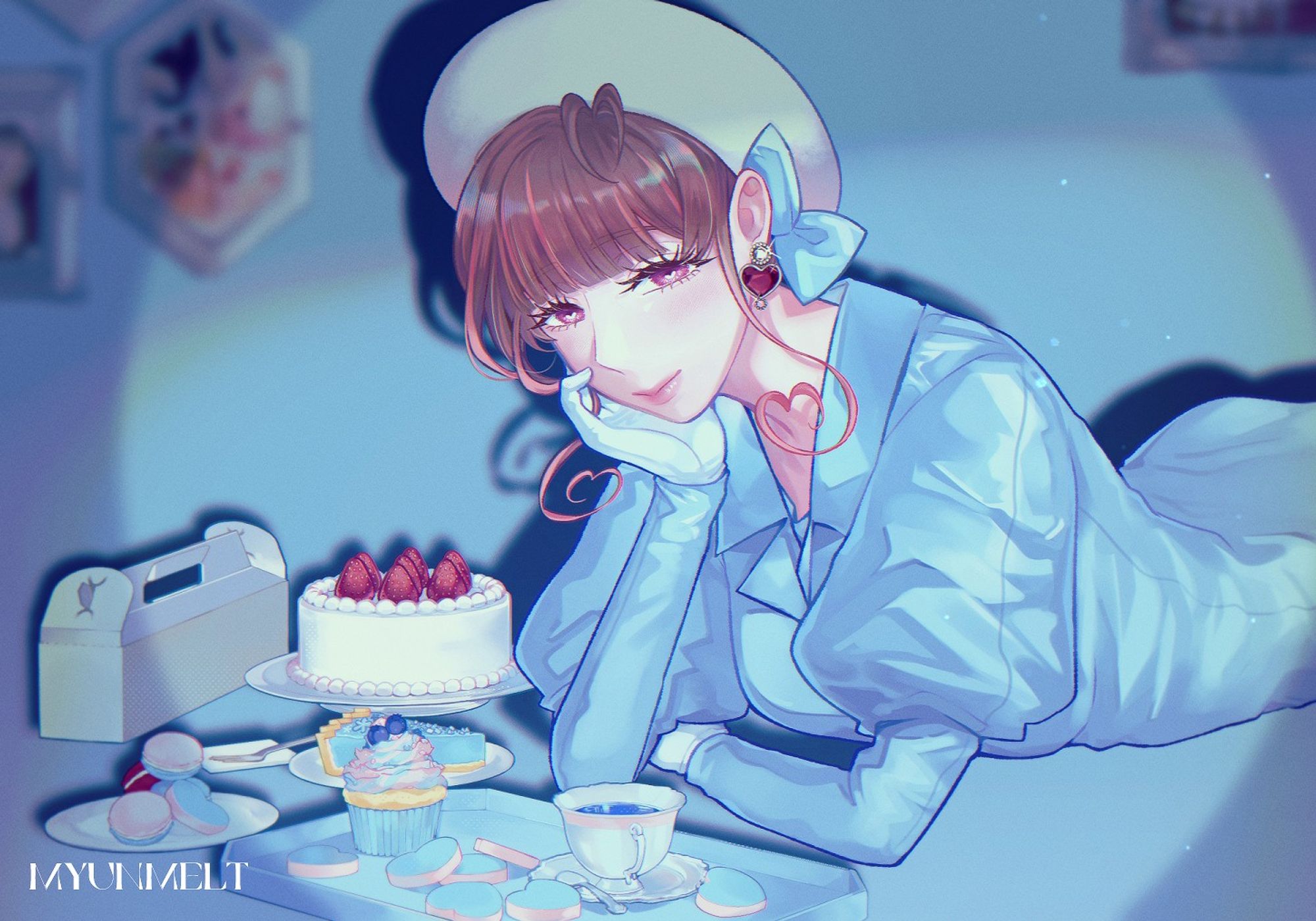 A digital drawing of a brown-haired woman in light blue clothing lying on the ground and smiling with some desserts in front of her.