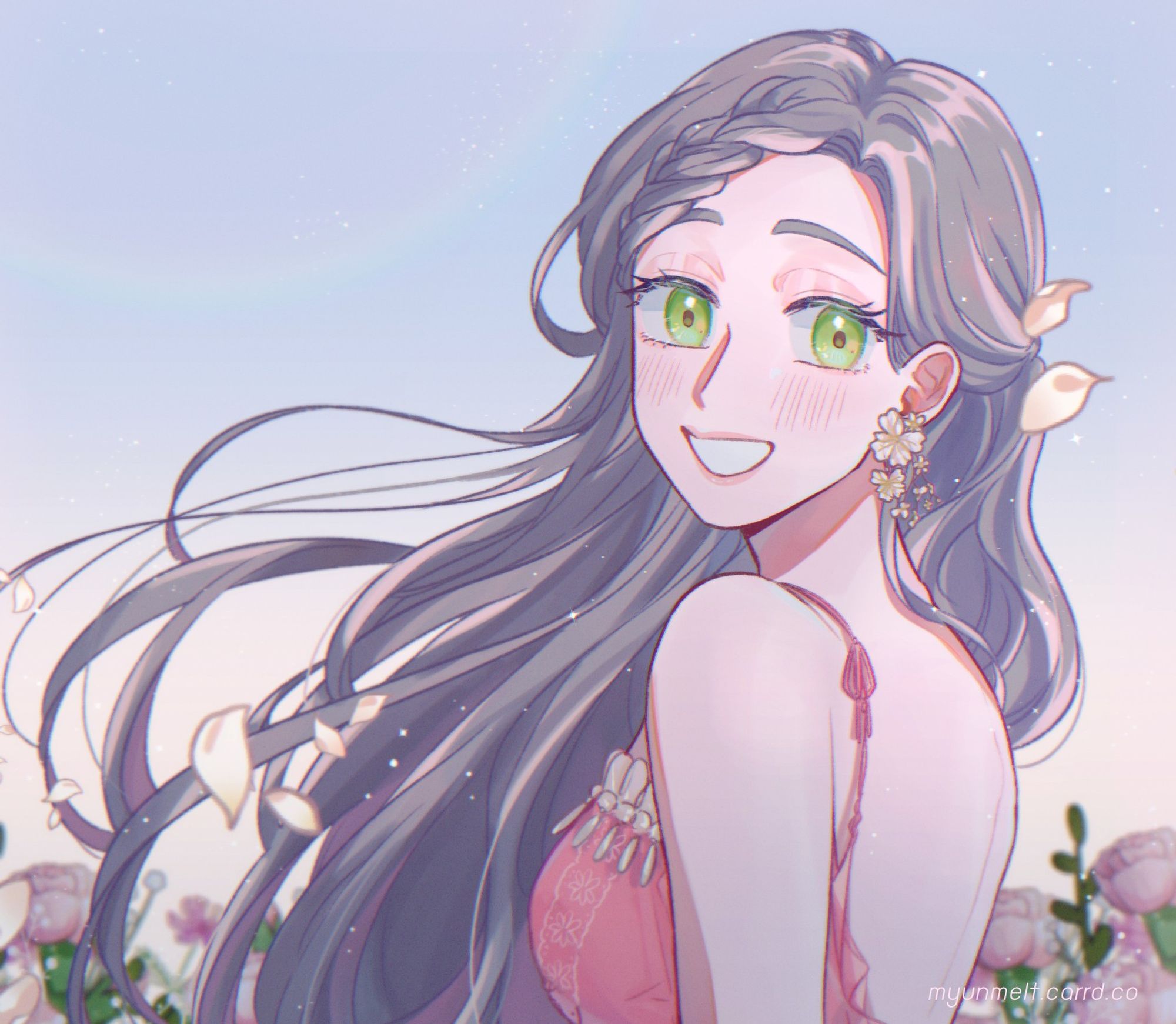 A digital drawing of a woman on a flower field, looking back with her hair flowing to the wind.