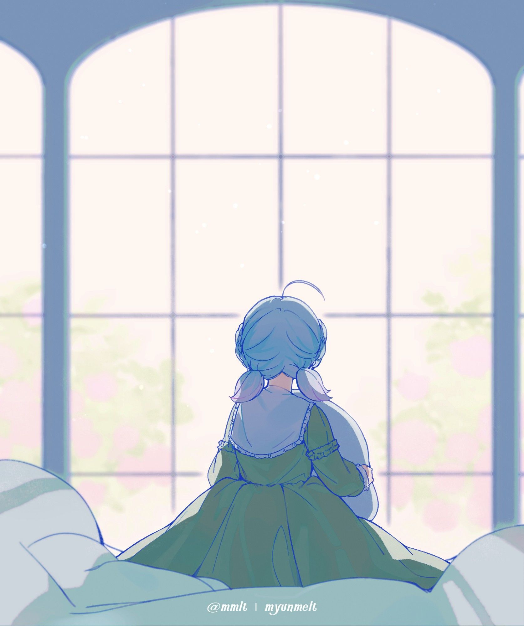 A digital drawing of a light blue pigtail girl turning her back to the camera and looking outside the window.