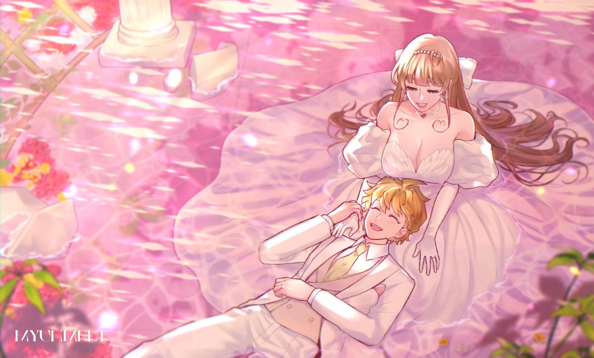 A digital drawing of a blissful couple—consisting of a brown-haired woman in her white wedding dress sitting on flooded ground with a blonde-haired man resting his head on her lap, looking happy. Around them are some rubble and flowers.