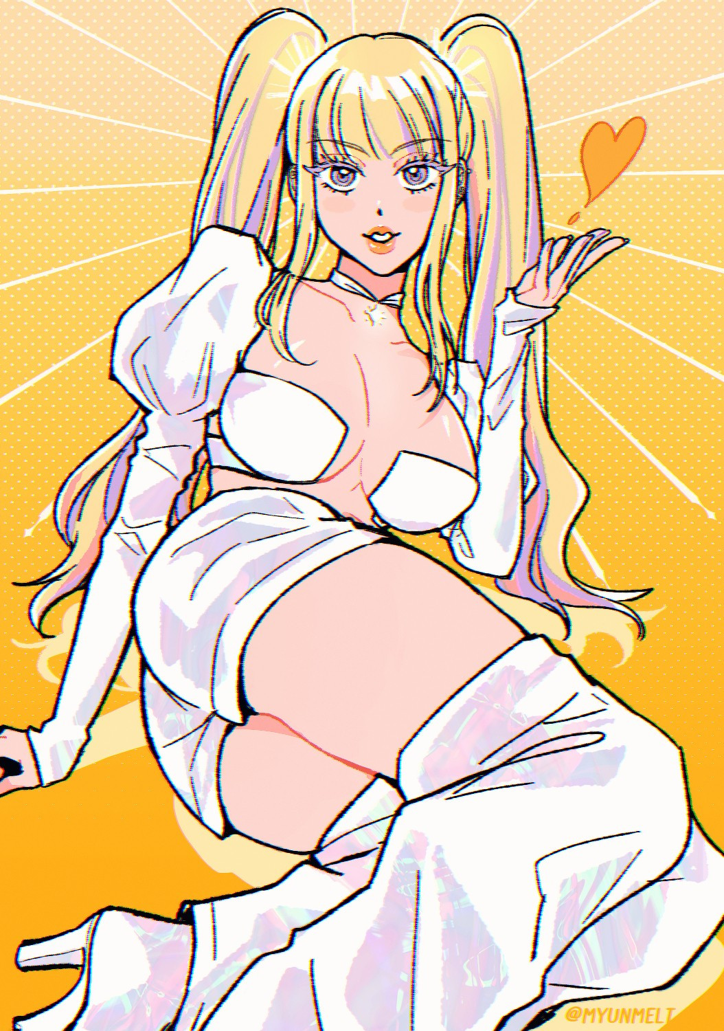 A digital drawing of a woman wearing twintails in hologram clothing doing a pose on a yellow background with light rays behind her back.