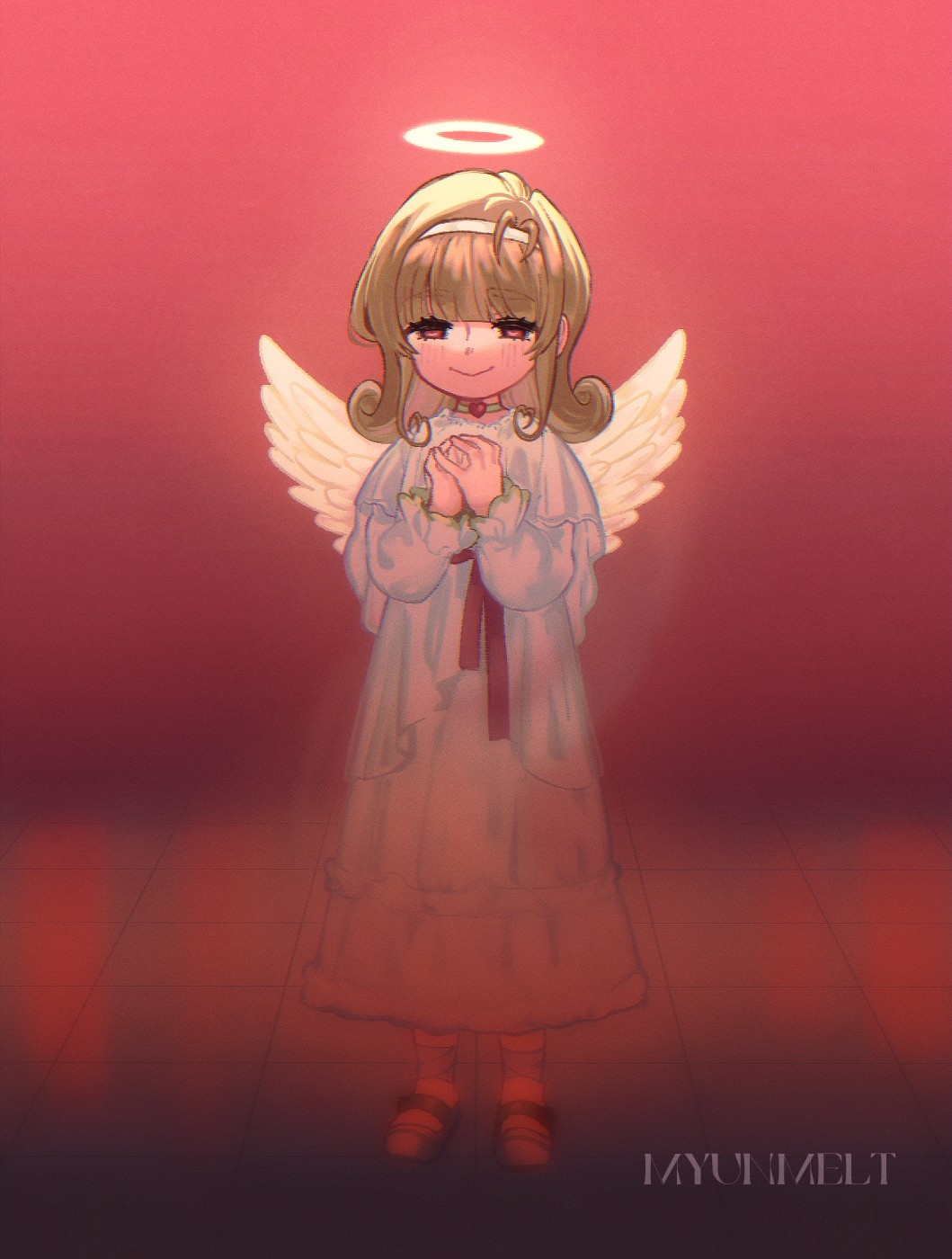 A digital drawing of a brown-haired, white-dressed little angel doing prayer hands on a red background. She's giving off an eerie feeling.