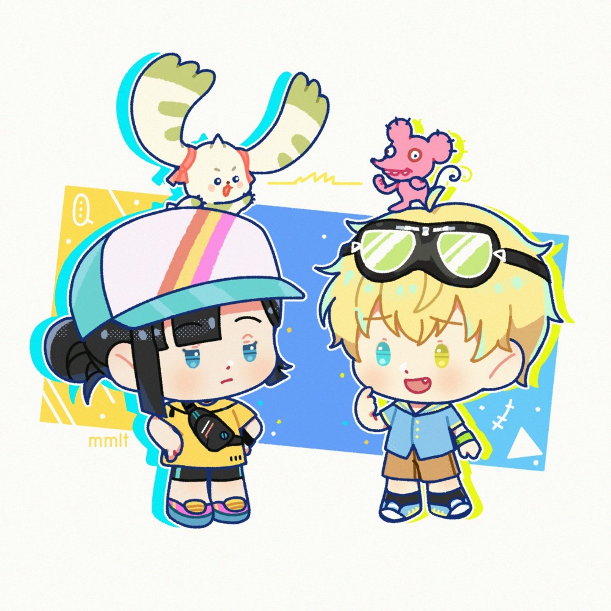 A digital drawing of two chibi characters standing. The girl wearing a hat on the left side has hands on her hips, and Terriermon on her hand seemingly wants to fight. The boy on the right side is smiling dryly, and on top of his head, other than a pair of goggles, there is a Tyumon looking ready to fight with the dog bunny digimon.

The blonde-haired boy with goggles on top of his head belongs to @hutlayshia