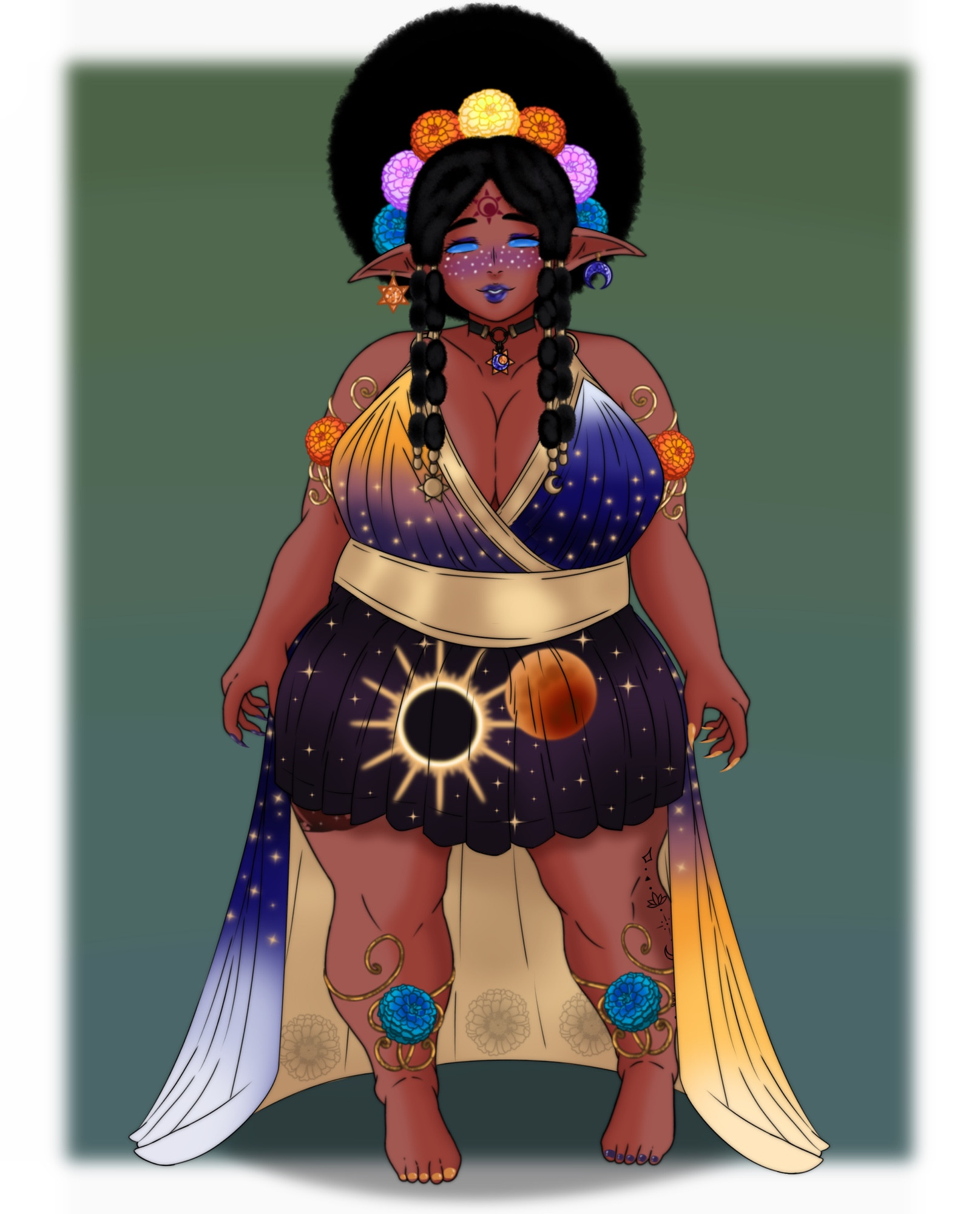 A reference concept for my character, Harley, in her Eclipse Elf form. She wears a Greek inspired dress that is short in the front with a train draping down to the floor. The dress is designed with warm sun colors and night sky colors on the top, and a dark outer space background with depictions of a solar and lunar eclipse in the skirt area. There are also varying colors of Zinnia flowers from yellow, to orange, to pink, to blue that adorn the head in a crown and accent the arm and leg jewelry bands.