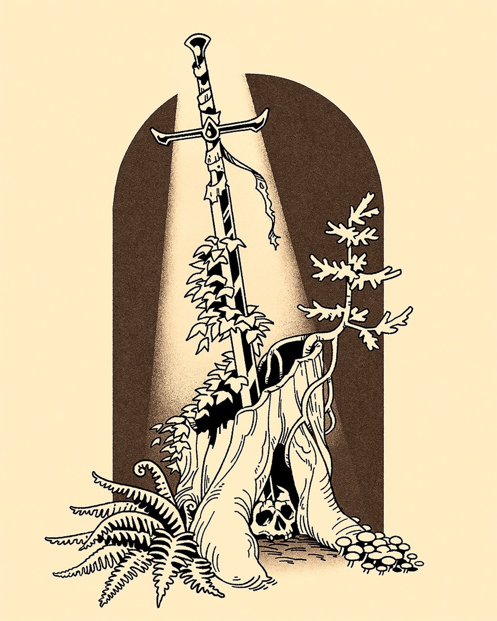 A digital illustration of a longsword embedded in an old stump. Vines crawl up the blade and the grip is rotting away, but the sword still gleams in a beam of sunlight. There is a sapling growing out of the stump, as well as ferns and a cluster of mushrooms. A cracked human skull is tucked away in a gap at the base of the stump, pierced by the sword.