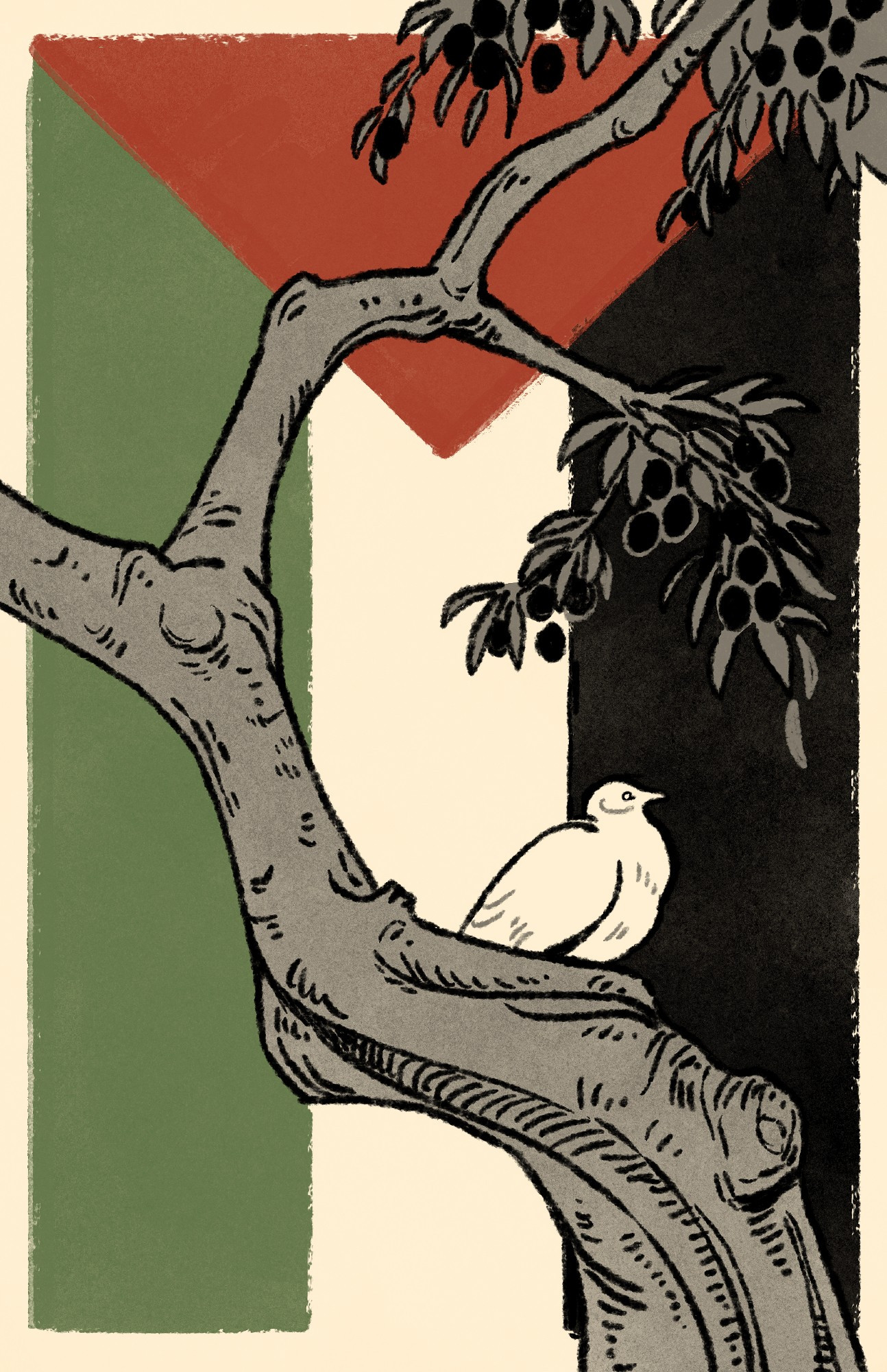 A drawing of a dove resting on the bough of a fruiting olive tree in front of a Palestinian flag