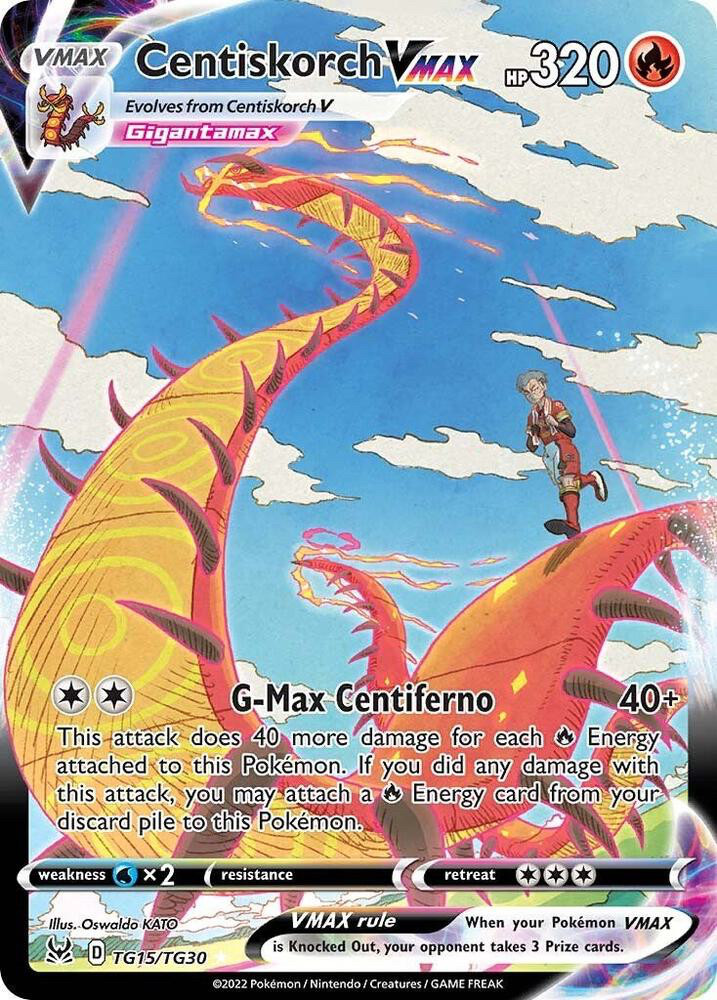 A Pokémon TCG card depicting Kabu jogging along the segments of Gigantamax Centiskorch, illustrated by Oswaldo KATO