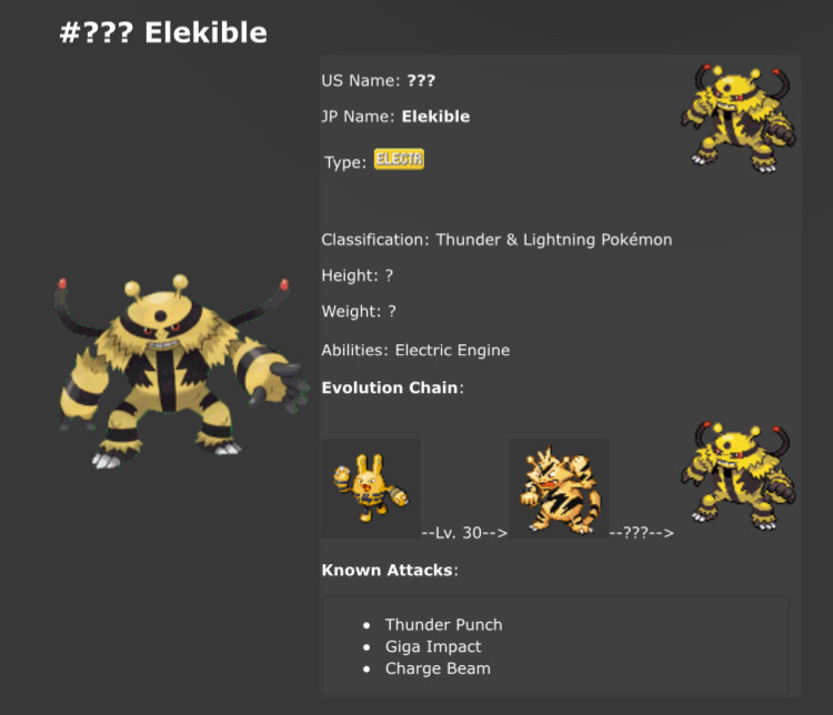 Electivire's entry on serebii.net's Diamond and Pearl prerelease Pokémon page