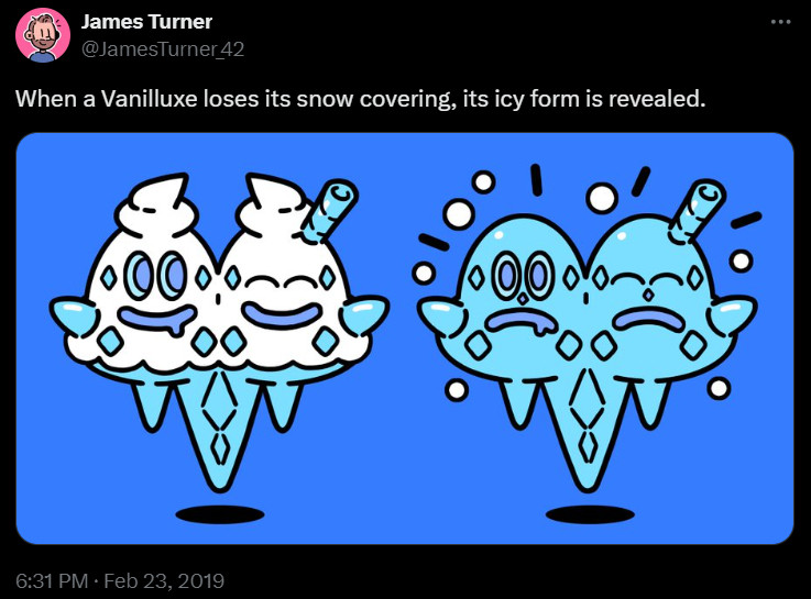 James Turner's Twitter post with art of a de-snowed Vanilluxe