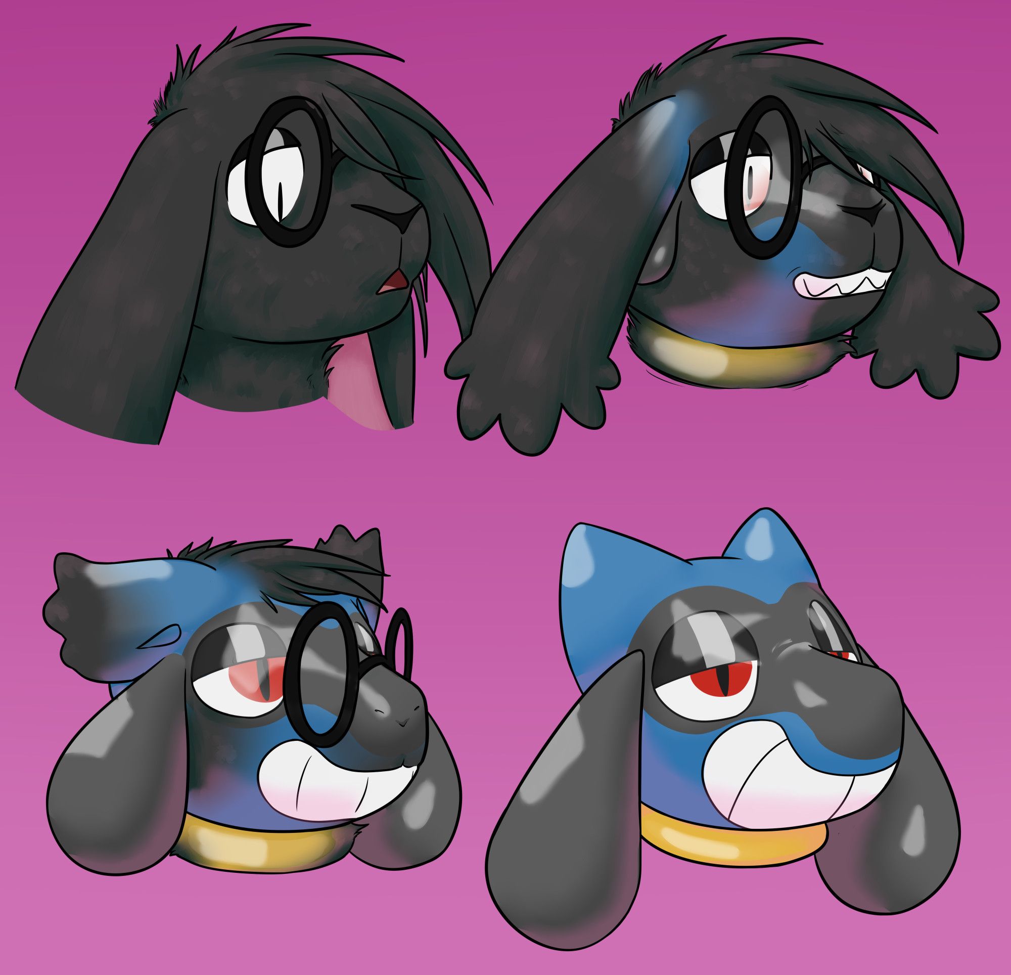 A four panel headshot sequence of a grey rabbit becoming a rubber riolu with a large grin.