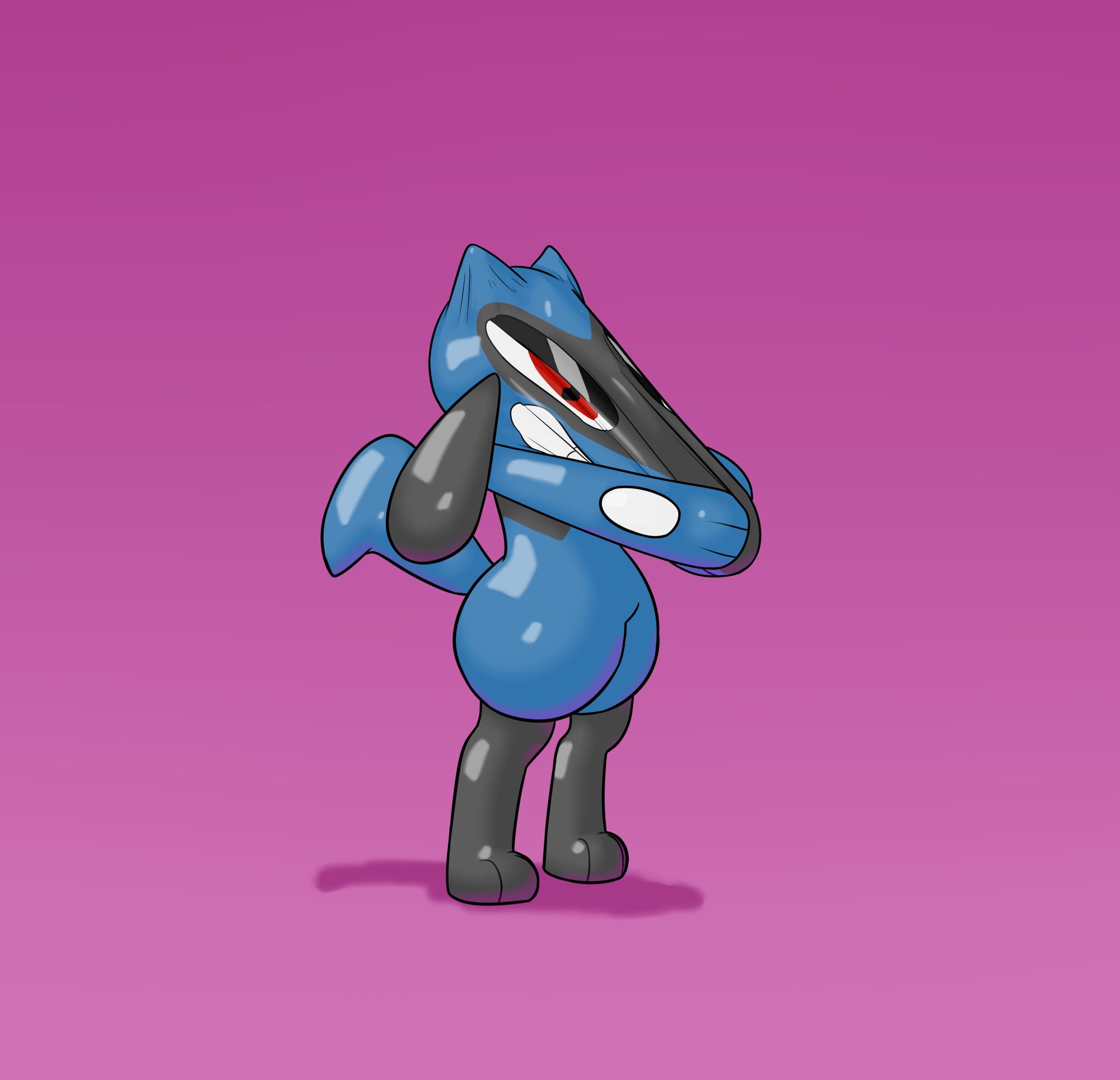 A full-body shot of the rubber riolu stretching their face out.