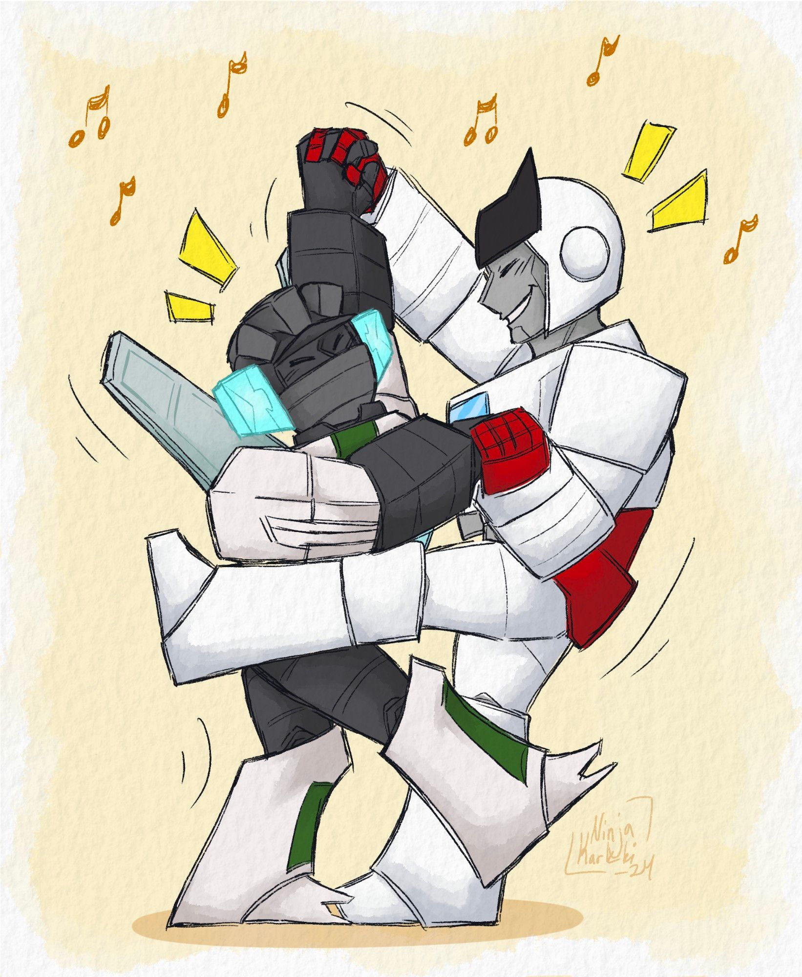 Wheeljack and Ratchet happily dancing together! The pose is as goofy as you can imagine