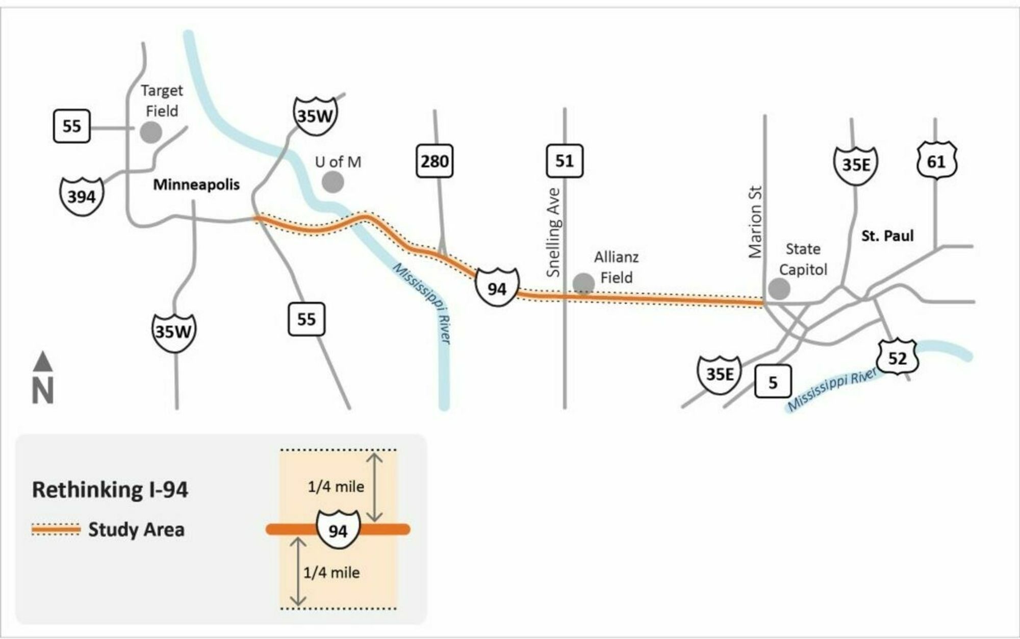 Rethinking I-94 study area shown on a highway map of Minneapolis and St. Paul.