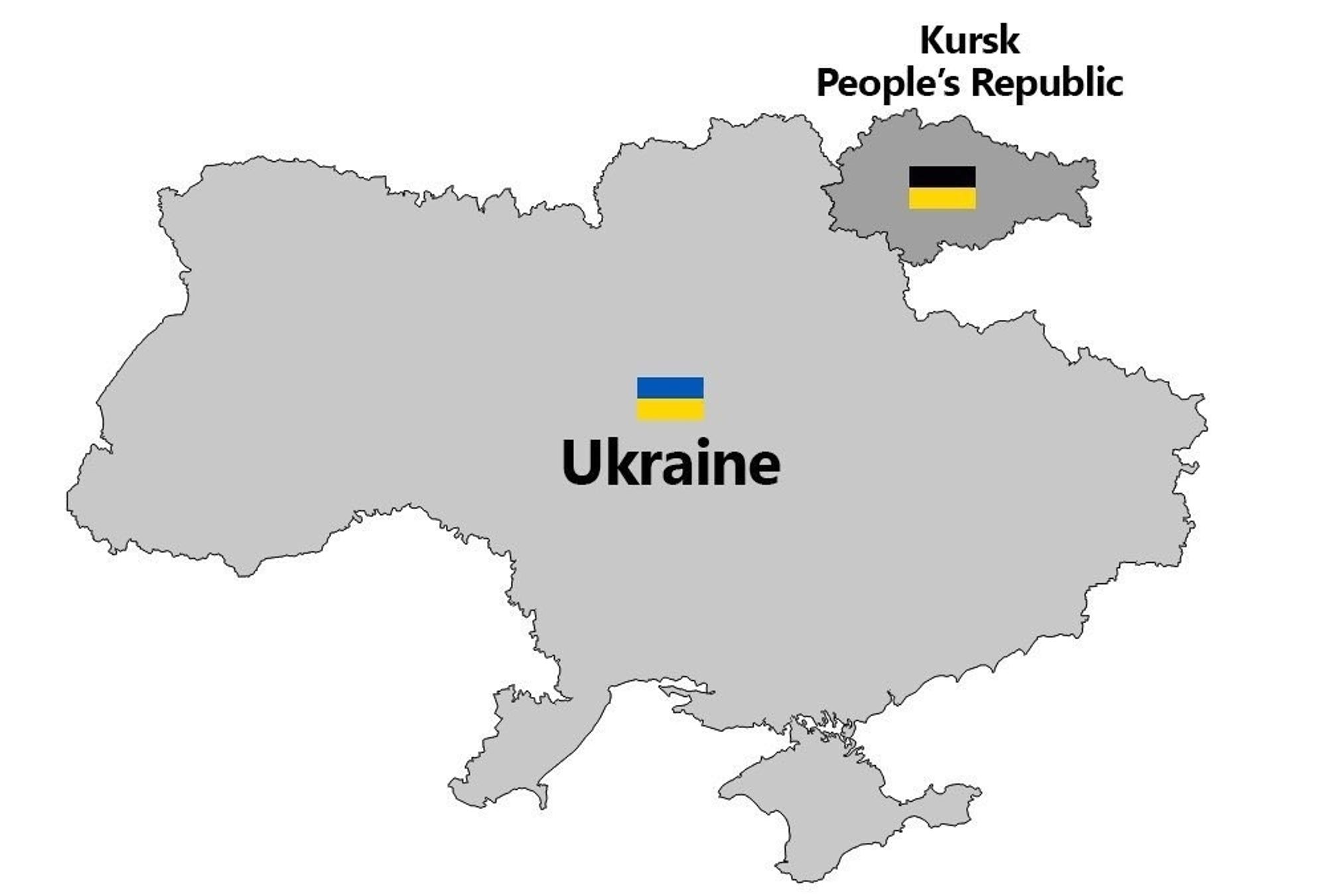 Das Bild zeigt eine Karte der Ukraine mit bislang  einer Volksrepublik Kursk nordöstlich daran. Beide Regionen sind mit ukrainischen Flaggenzeichen blau/gelb geschmückt.