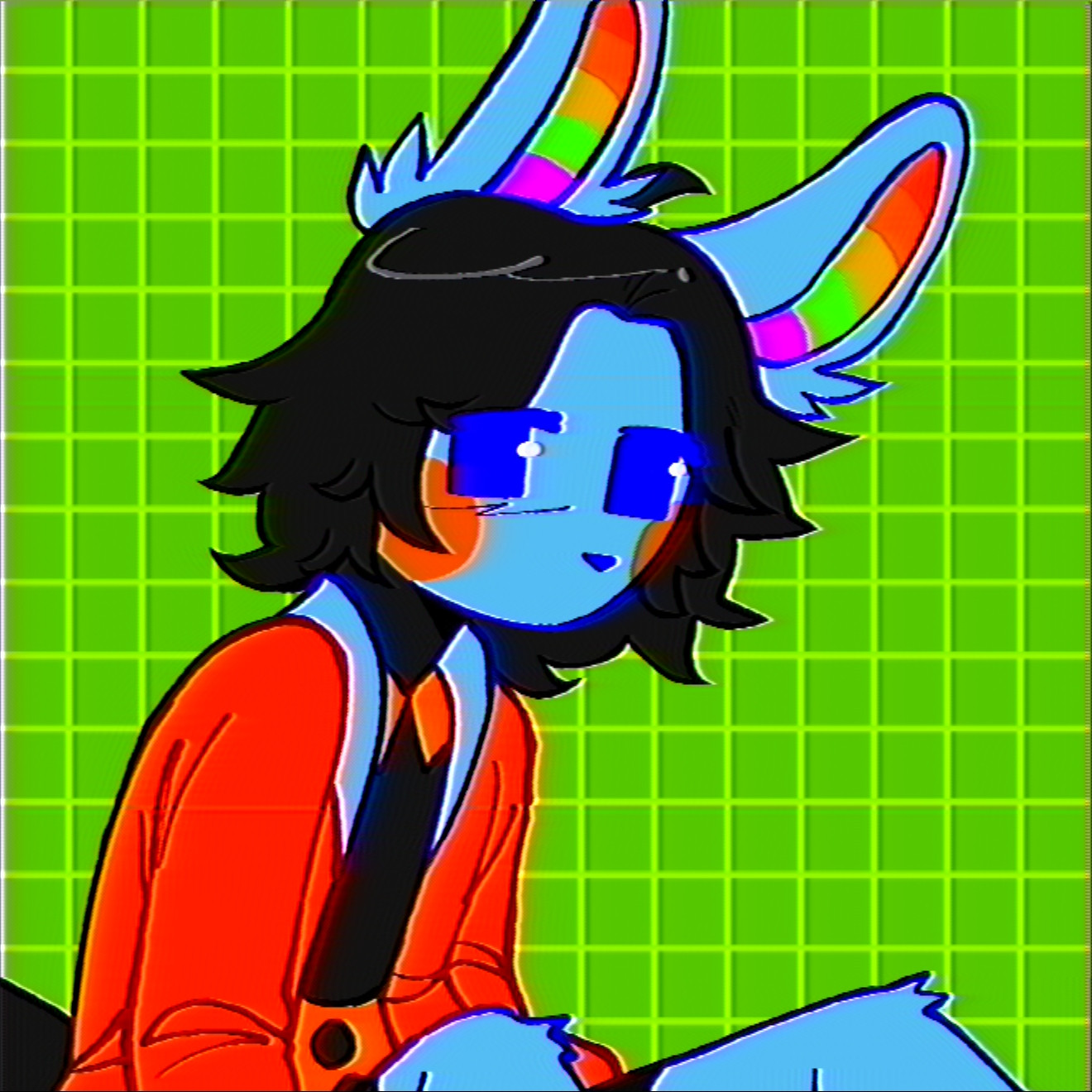 a bunny/rabit character sitting, only half of them is in frame, and there's a vcr filter applied