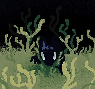 Watcher from Rain World emerging from darkness into tall grass-like plants.