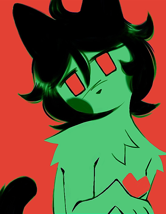 Mortem (oc) drawn in paris green and vermilion color palette. She is green, her eyes and heart are vermilion, just like the background. Colors are highly contrasting.