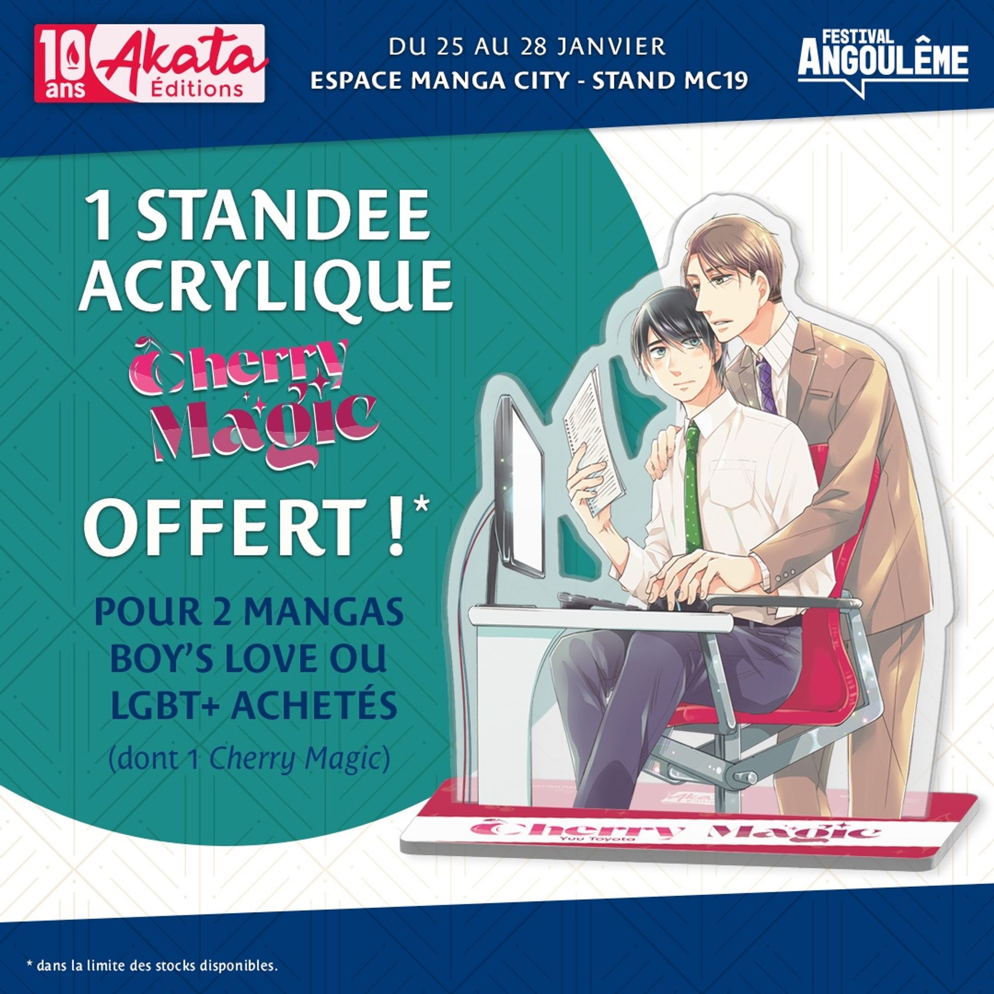 Visuel qui montre un stand acrylique avec deux hommes issus du manga "Cherry Magic" qui s'enlacent. Il est écrit sur l'image "1 stand acrylique offert pour 2 mangas boy's love ou LGBT+ achetés".