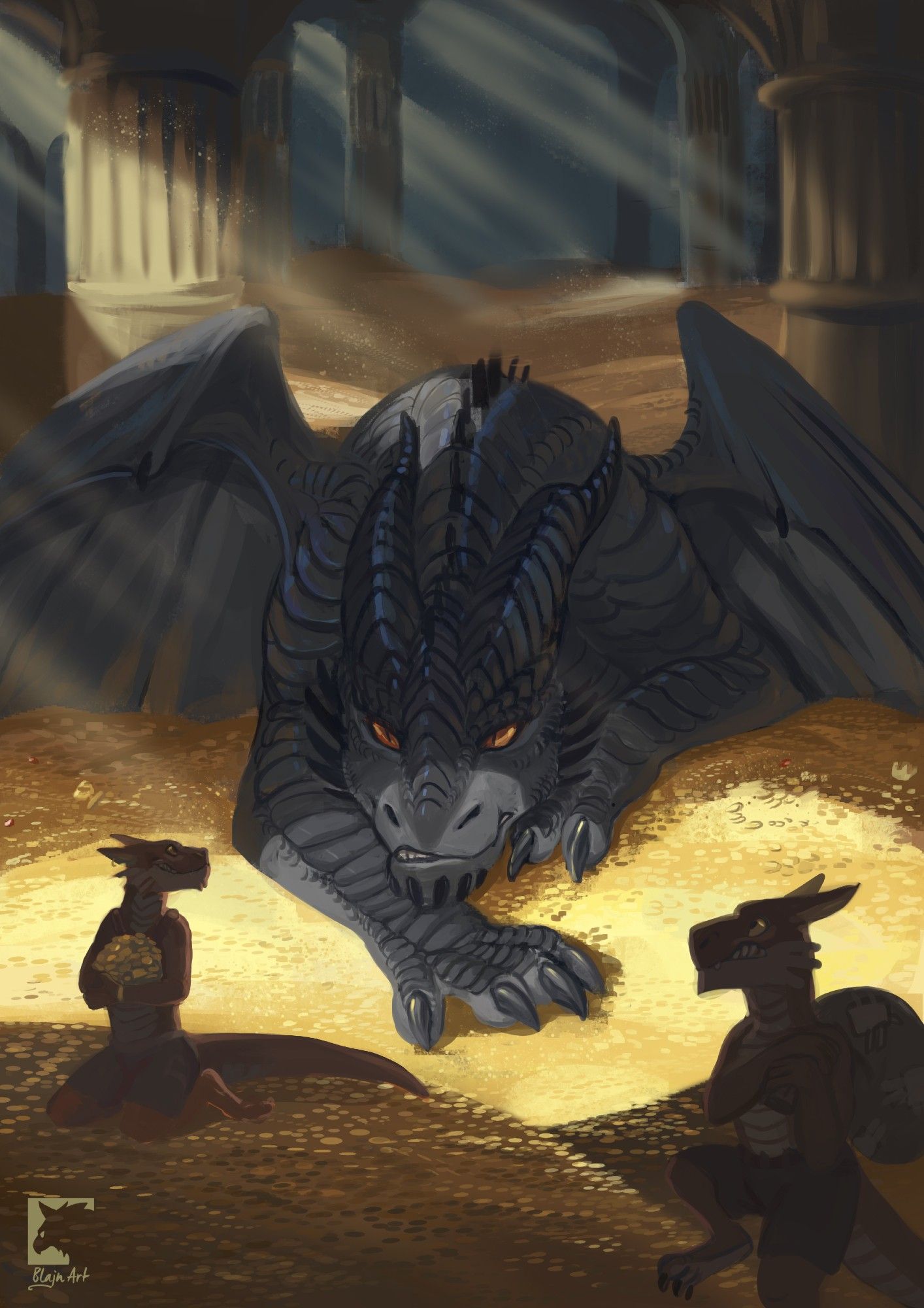 Black dragon in his lair. The ground is a sea of gold coins. The dragon spotted two thievish Kobolds stealing from him.