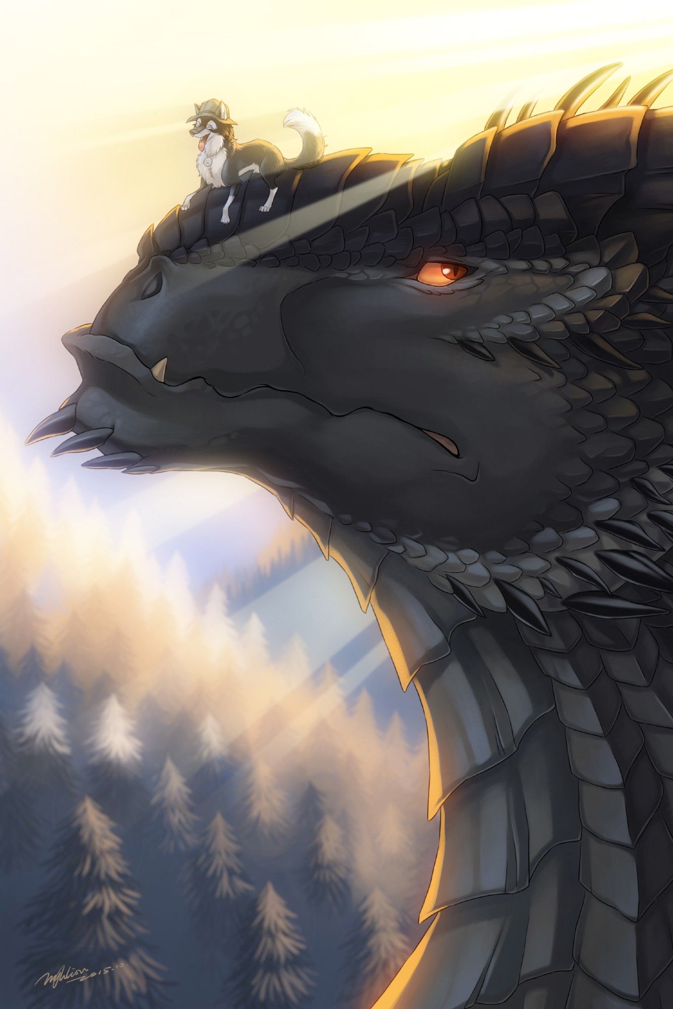 Big grumpy dragon, having a happy little wolf on his snout. Pine forest background.