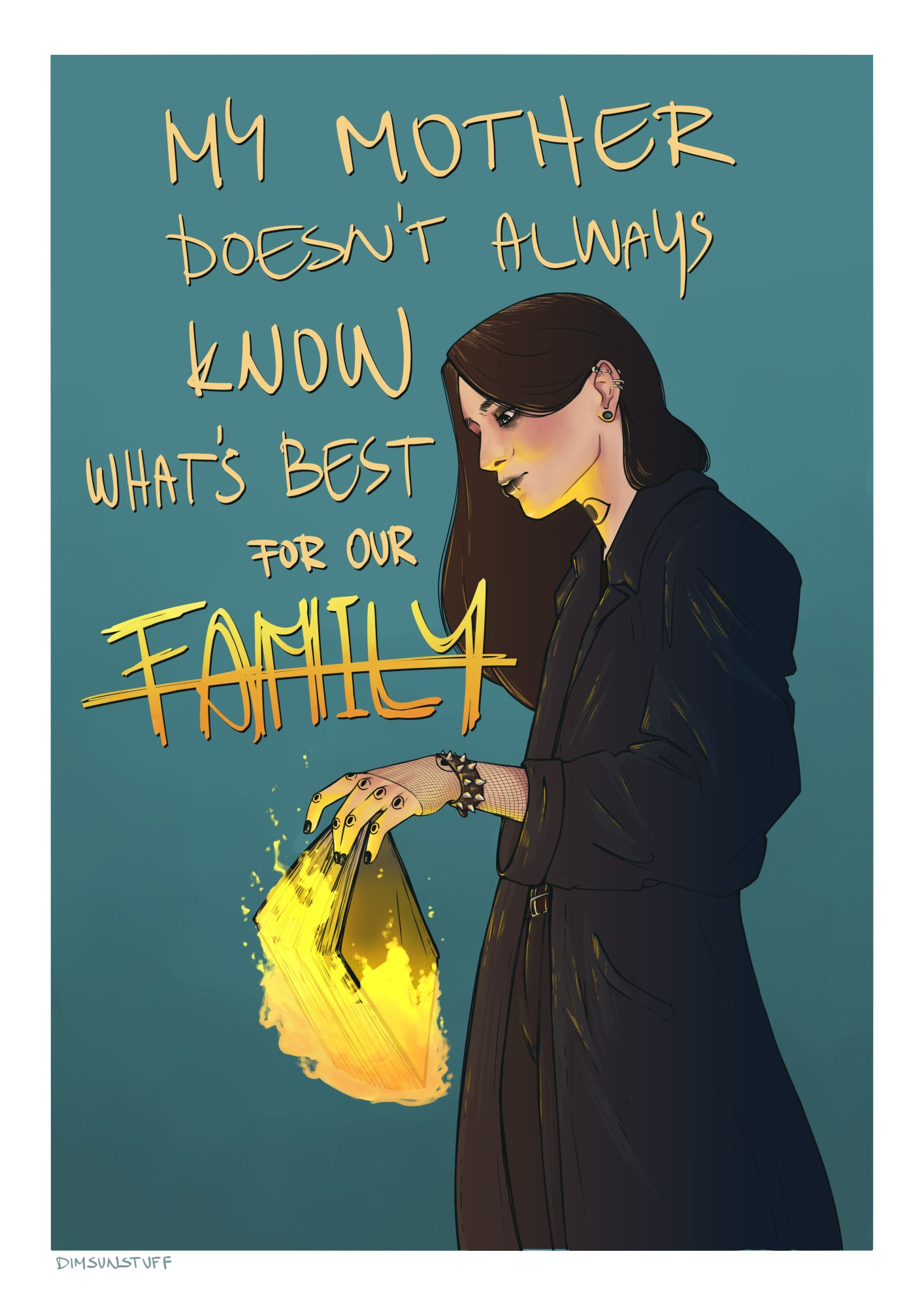 a drawing of the character Gerard Keay from The Magnus Archives podcast, in profile, holding a burning book in one hand, with the text "My mother doesn't always know what's best for our family" on the background