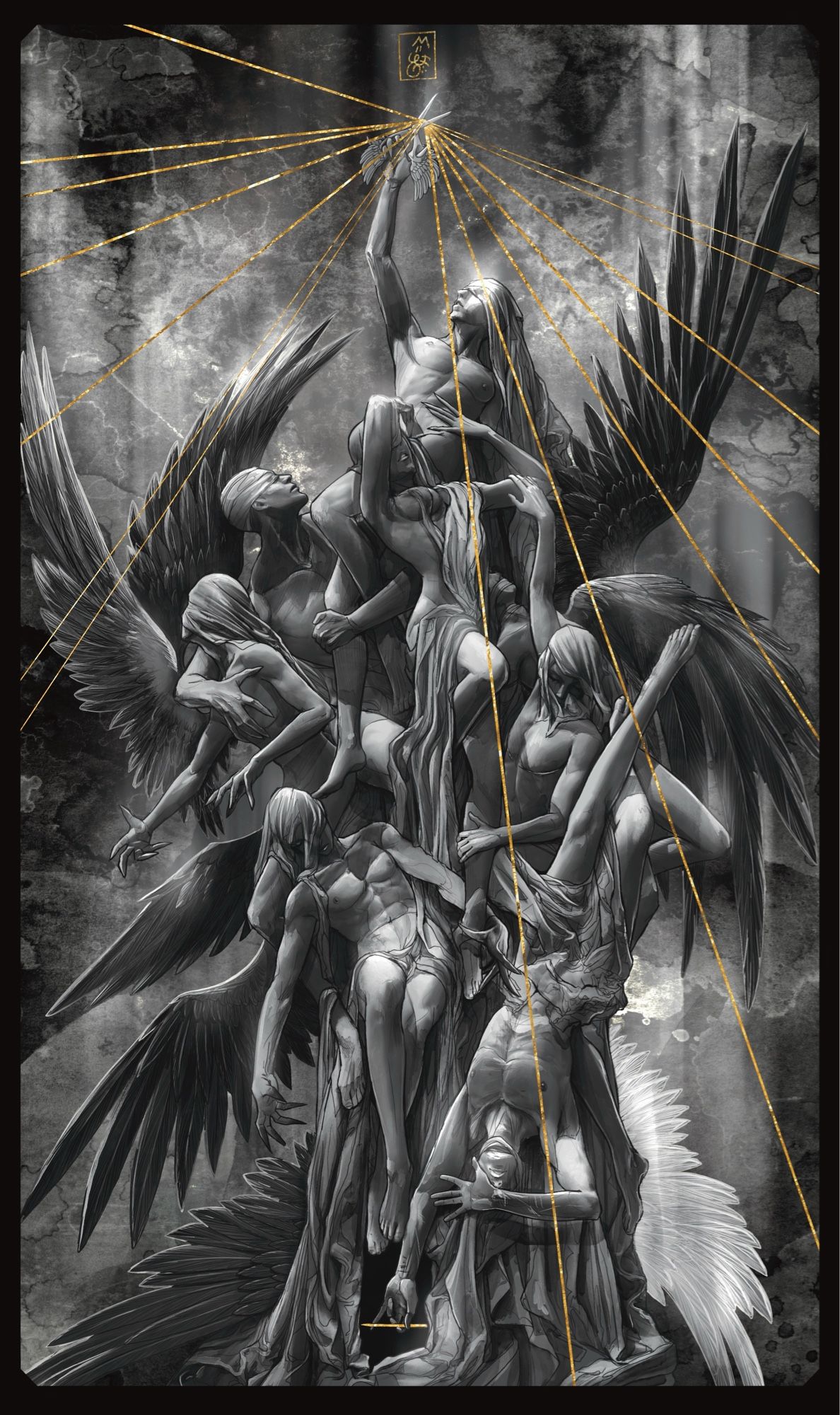 A monochrome image of eight figures collected together in a tower with the highest figure holding a pair of scissors with angel wings about to cut seven gold strings that overlap the figures. The figure at the bottom is holding a golden pen and most of the figures have faces obscured by hands or by fabric