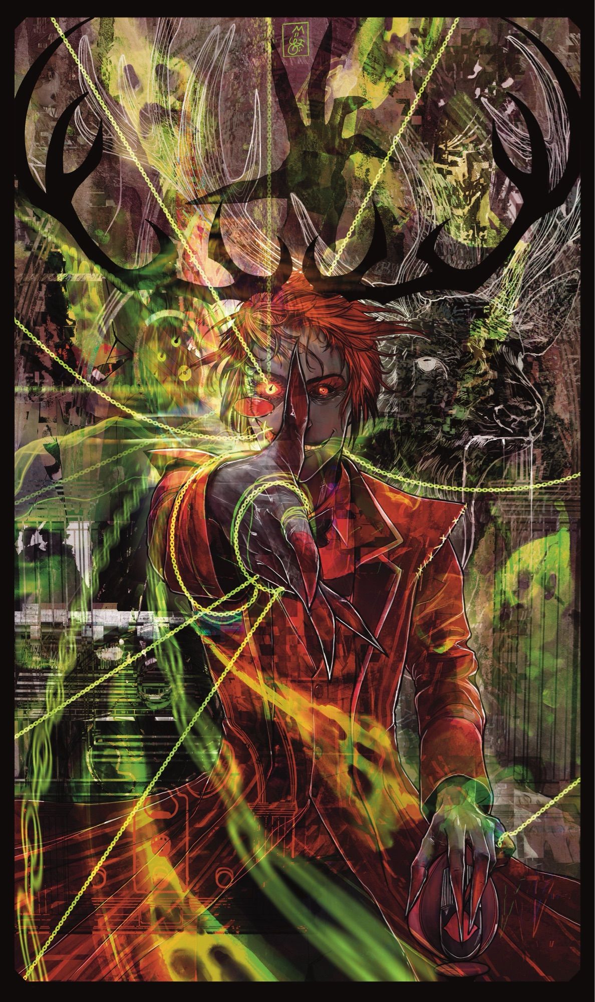 An image of Alastor from Hazbin Hotel offering his hand to the viewer to shake for a deal, surrounded by green chains and a deer, as well as spooky faces and superimposed and collages are radio dials and radios. His face is divided by his extended thumb and one side is more demonic, he has black symmetrical antlers merging with the frame of the image