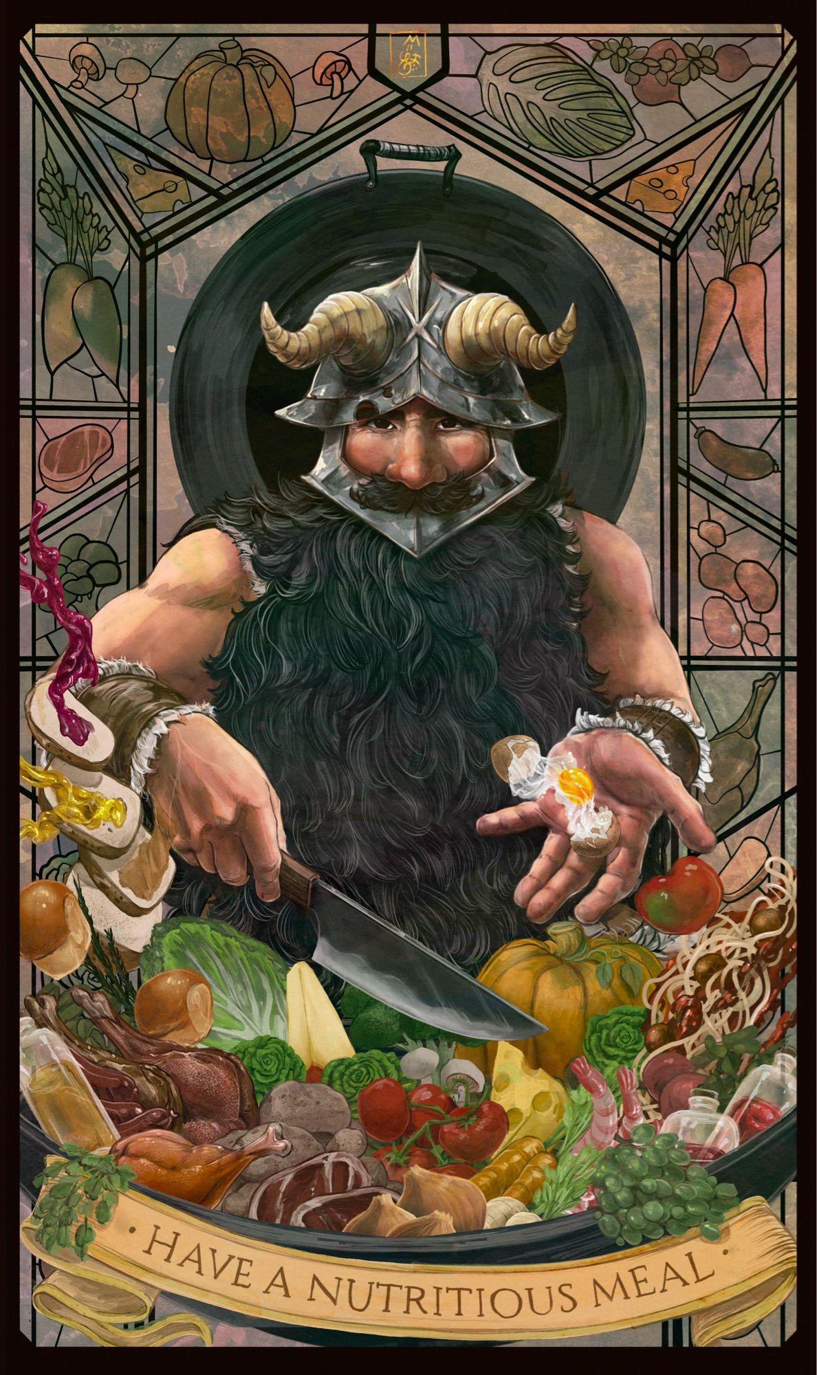 A tarot like image of Senshi from Dungeon Meshi, offering a wok full of a variety of foods, many of the foods are represented in stained glass around Senshi, he is smiling at the viewer, a banner saying Have a Nutritious Meal is below