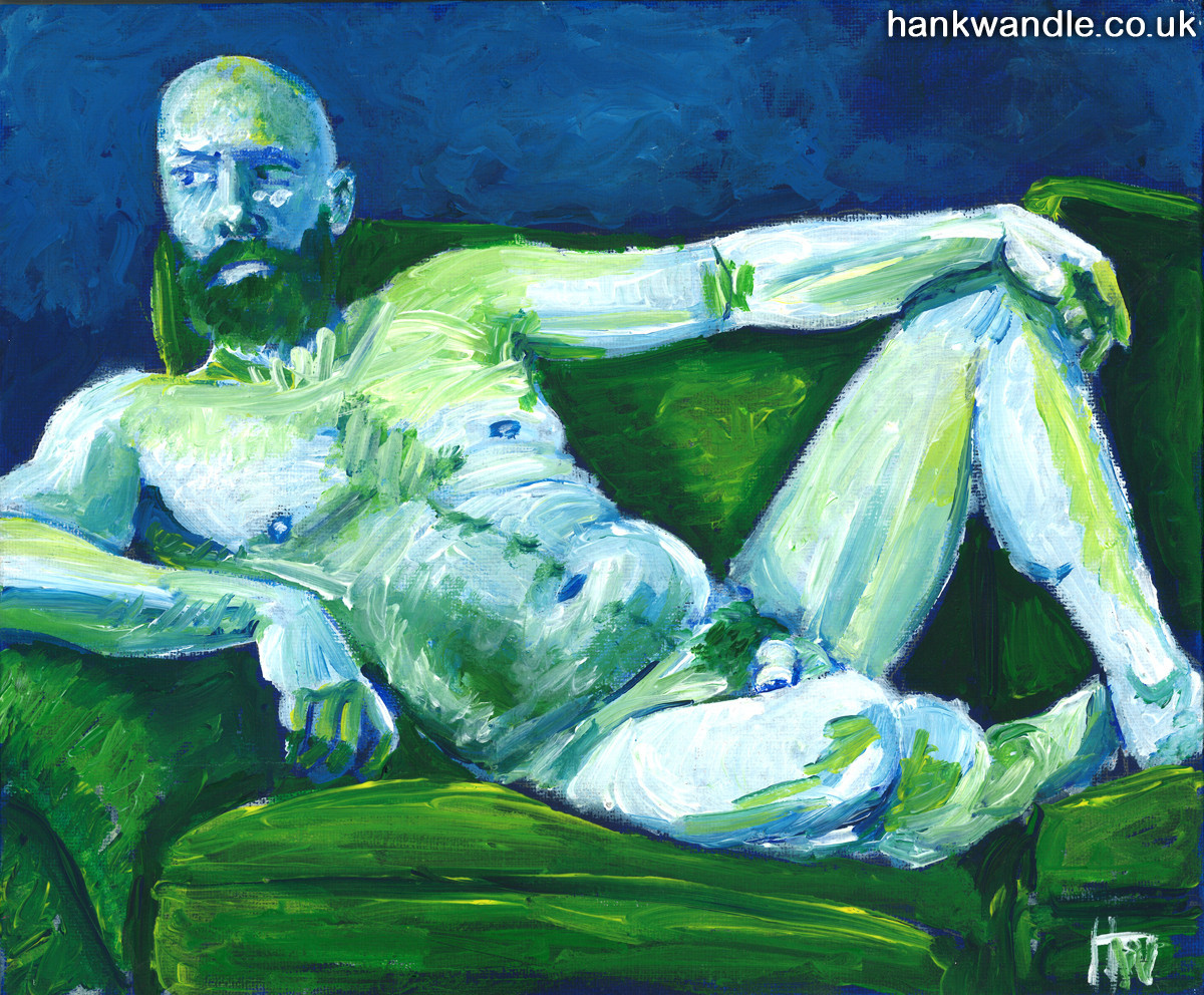 a painting of a reclining male nude. In repose on a sofa, leaning on one arm, the other is resing on a raised knee, the subject looks away to our left. Painted in greens and blues, in thick painterly strokes.