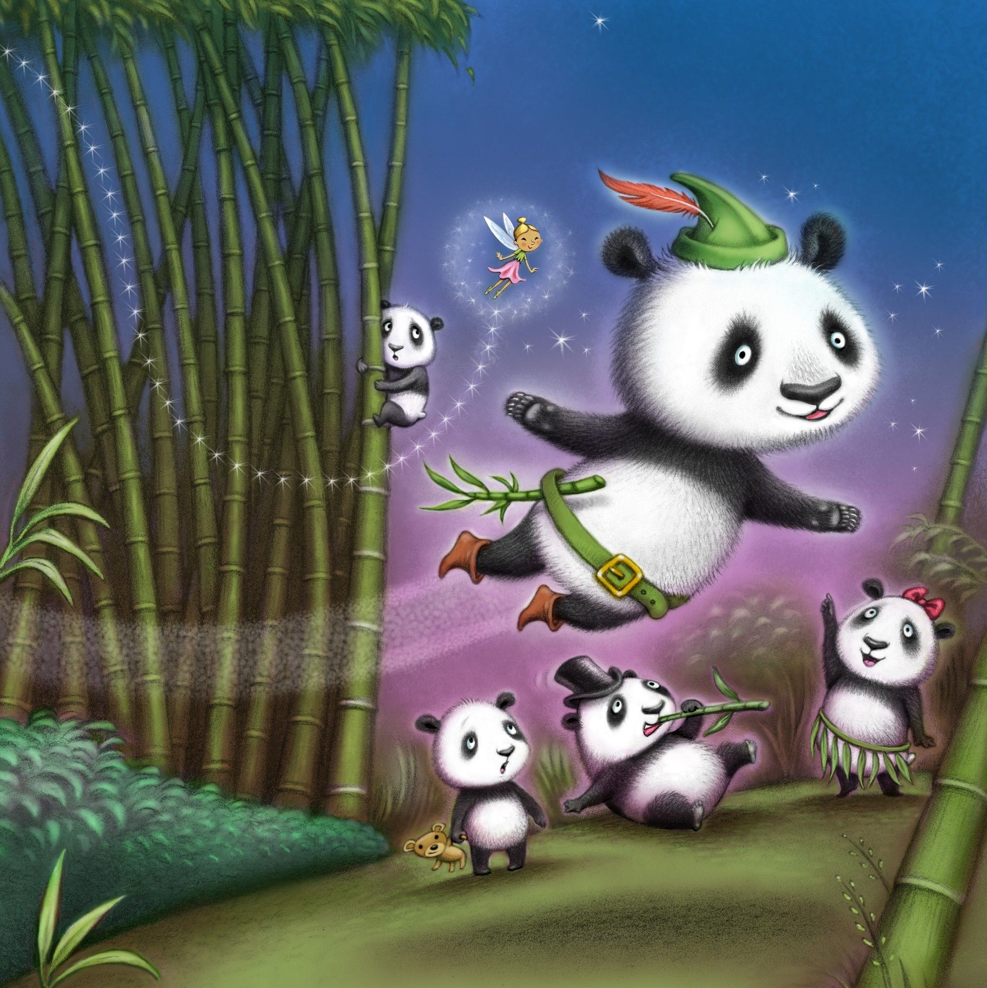 Peter Panda. A panda in flight dressed like Peter Pan with  a panda family and Tinkerbell looking on. Created for Ranger Rick magazine.