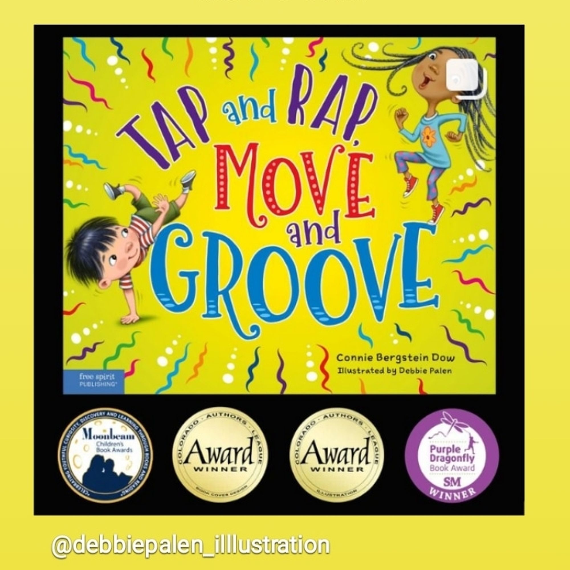 Book cover with 2 kids dancing, 4  book award  badges.