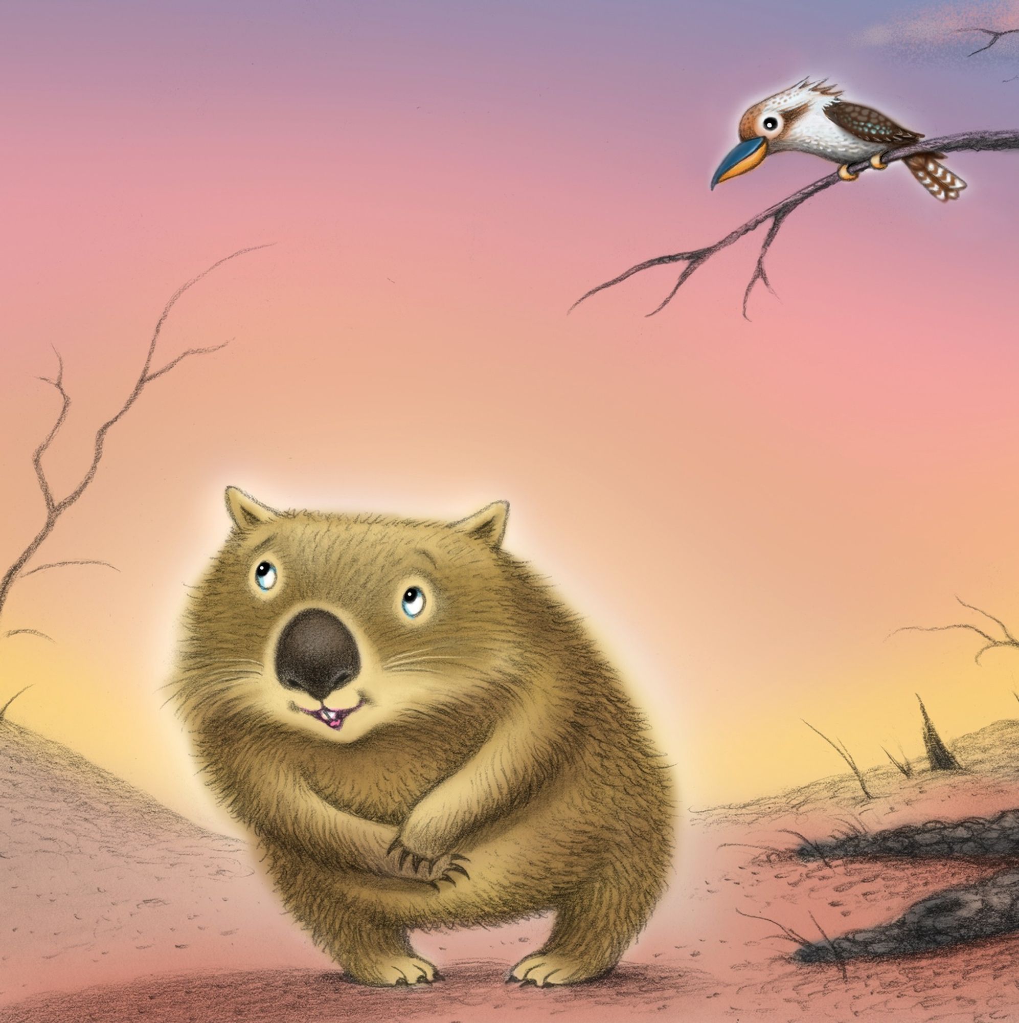 A cute , humble wombat with a kookaburra bird on a burned out branch above her head. After a bushfire in S.E. Australia. From the book An Accidental Hero, a Mostly True Wombat Story.