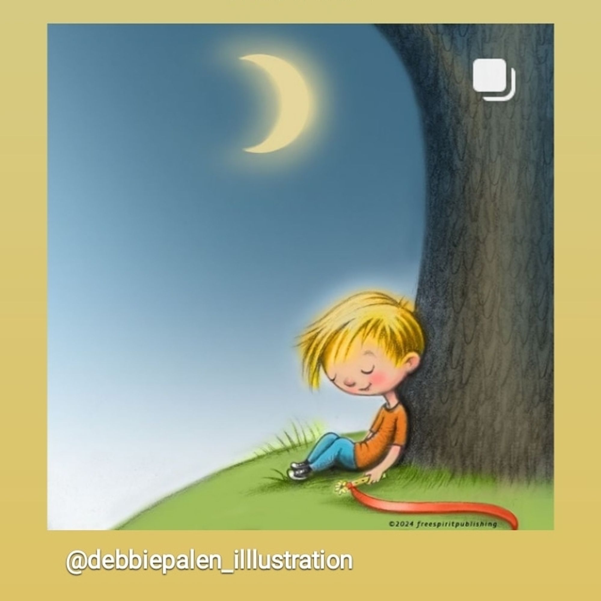 Boy sleeping under a tree with a crescent moon in the sky.