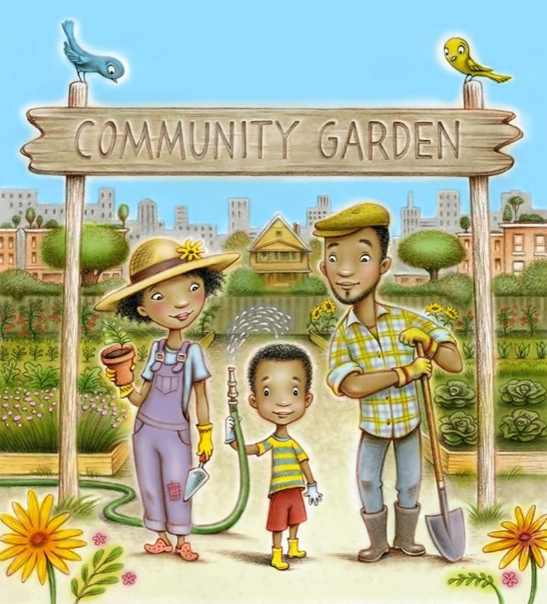 An African-American family standing in front of a community garden. A  happy boy holds a hose over his head, spraying water onto himself.