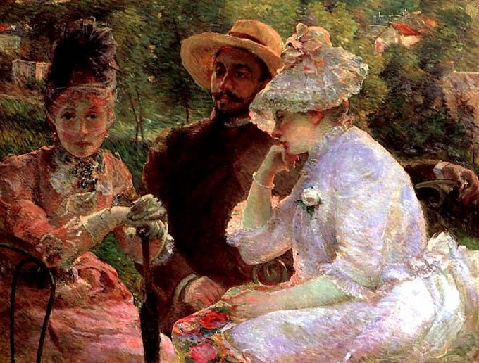 Impressionist painting of three figures, two white women and a white man in 18th century Western dress, sitting together in a garden space