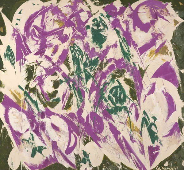 Abstract painting in purple, white and green 