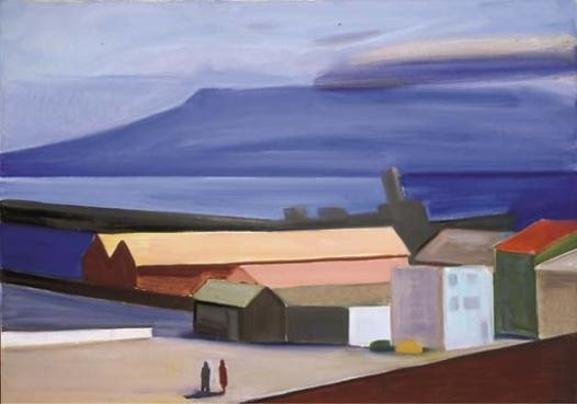 Painting of buildings by the sea with hills in the background 
