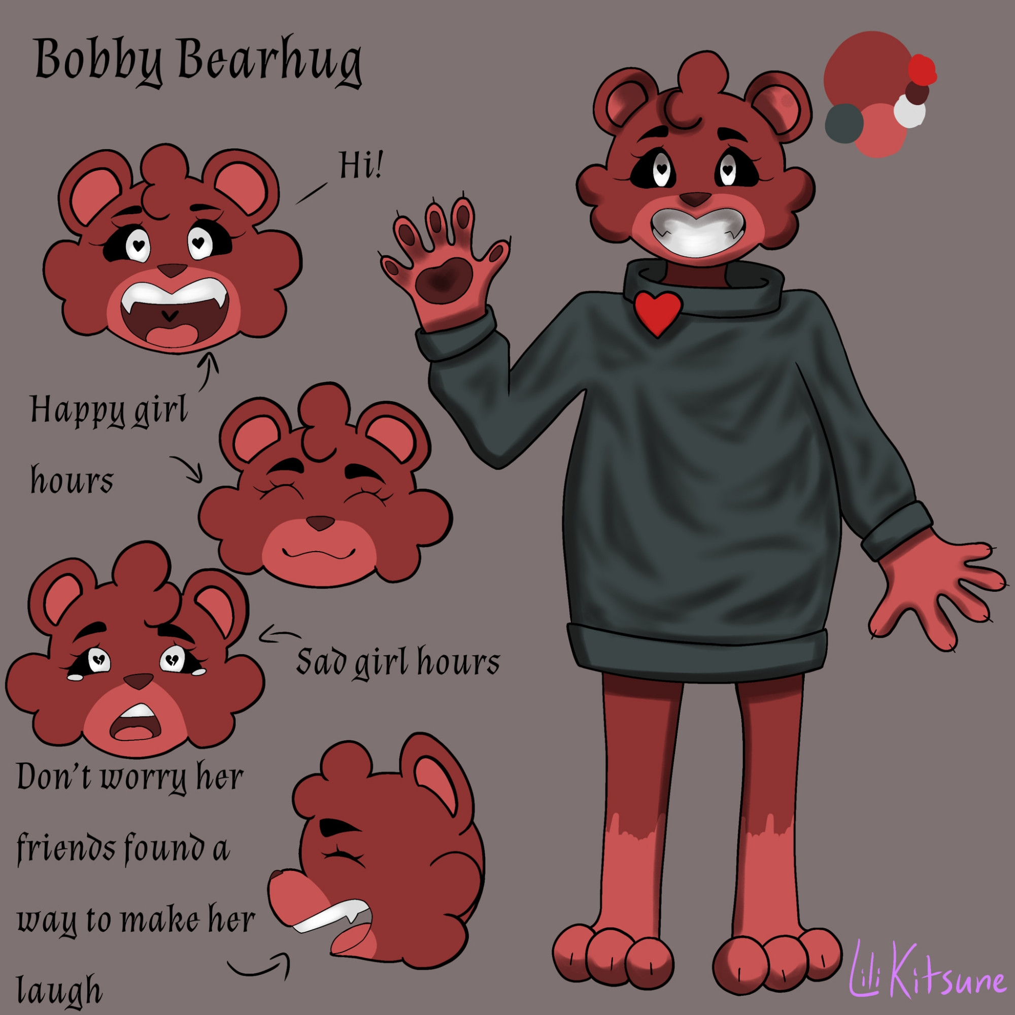 This is a concept art of Bobby Bearhug in the Hour of Despair - Smiling Critters AU after she joined CatNap along with the rest of the Smiling Critters when they made a deal with Darku, the ruler of the Dark Zone, thus turning them into the Dark Creatures.

As Death Bear, she is CraftyCorn aka BloodyCorn's proud enforcer as she can bash her enemies with blunt or sharp melee weapons such as a mace, a giant hammer, a battle axe, a broadsword or even a metal baseball bat. Death Bear can even give out the deadliest, rib-crushing monster bear hugs that can crush a titanium metal pole like a Creme puff, but at least she still acts like a sweetheart to BloodyCorn's loyal subjects and servants as she treats them like her own kids.

This AU version of Bobby Bearhug is based on Serious Kuma from Bloody Bunny: The First Blood.

Design Concept made by LiliKitsune from Tumblr

@lilikitsune18 on Tumblr

https://www.tumblr.com/lilikitsune18

Smiling Critters created by Mob Entertainment

Smiling Critters - The Hour of Despair AU created by NeoDracunyan