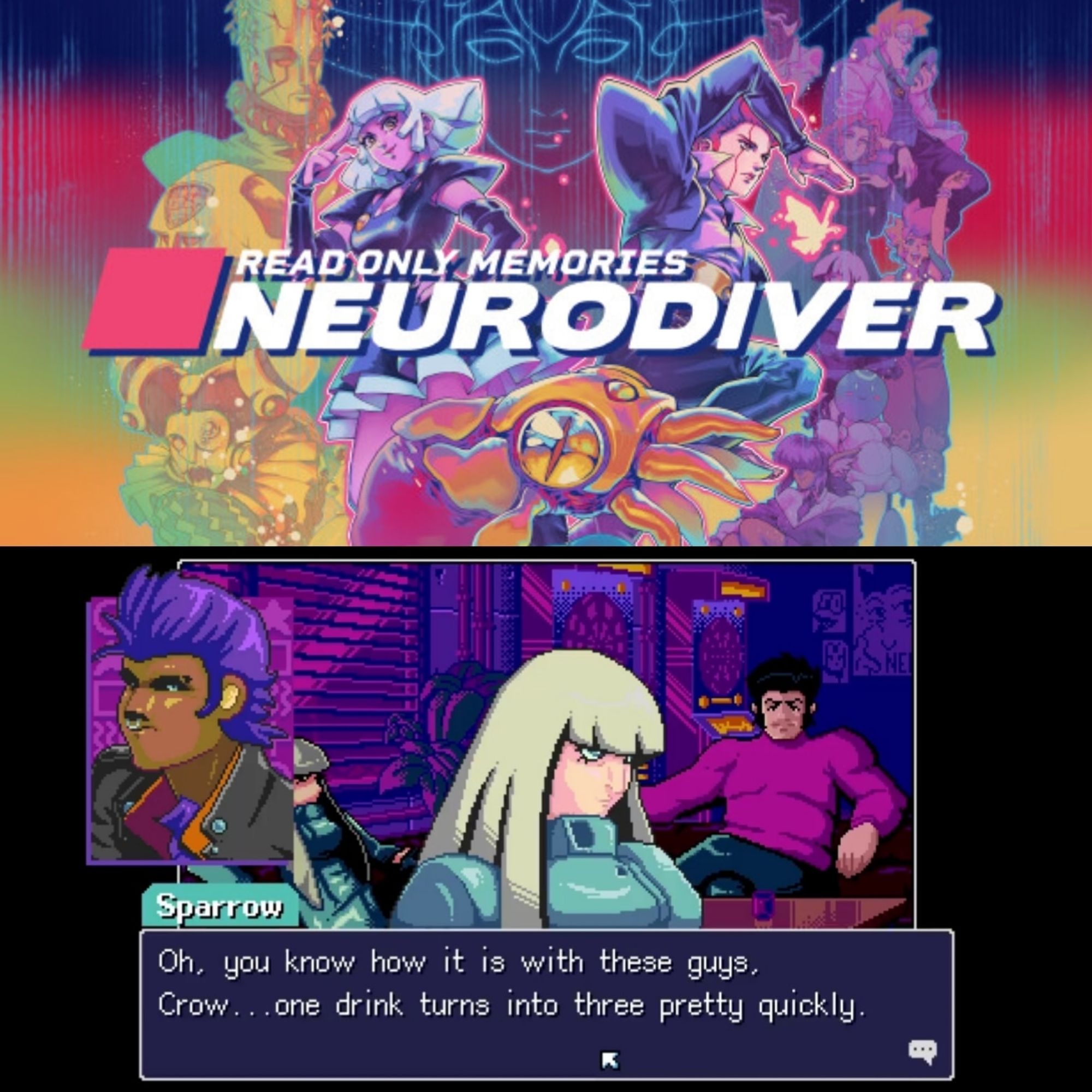 NEURODIVER LOGO AND COVER ART, AND A PHOTO OF SPARROW