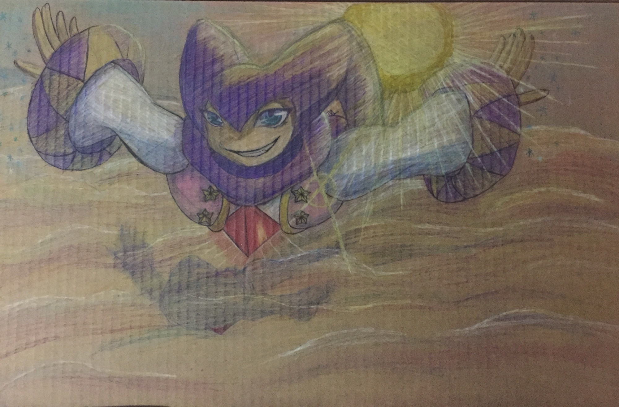 NiGHTS (once again using a design leaning into the NiD base) is drawn full color on a cardboard box using what are likely colored pencils, flying over a cloud space with the sun behind them. There’s a slight hint of sharp teeth as a nod to the game. 

There is a glow around the jewel in their chest.