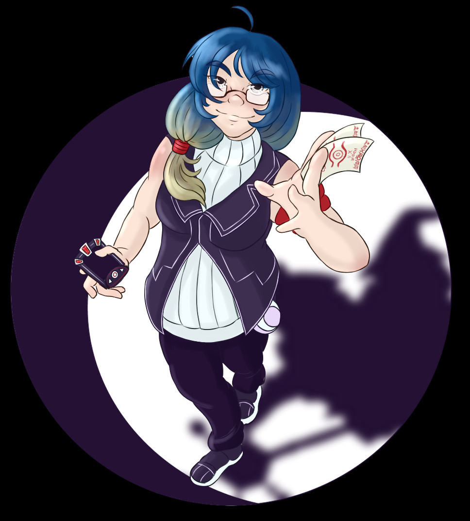 A cutout image of a glasses wearing woman with blue hair that fades to blonde. She’s carrying a custom phone-like Digivice. There is a red bandana tied around one arm. There’s a lot of dark purple tones used. In the background, a blurry silhouette is visible. 


Okay so. Blue hair is a theme in a fair number of sonas I had at the time. I dye my hair a lot and blue tones from Manic Panic stick around the longest. Even though I would love to keep pink for longer than… a week. 

Unfortunately I don’t remember what I wrote on the paper in DigiCode. I know it SAID SOMETHING because I was poking fun at some Sheikah elements AND a Medicine Seller (Mononoke series) nod for a later part, but man.