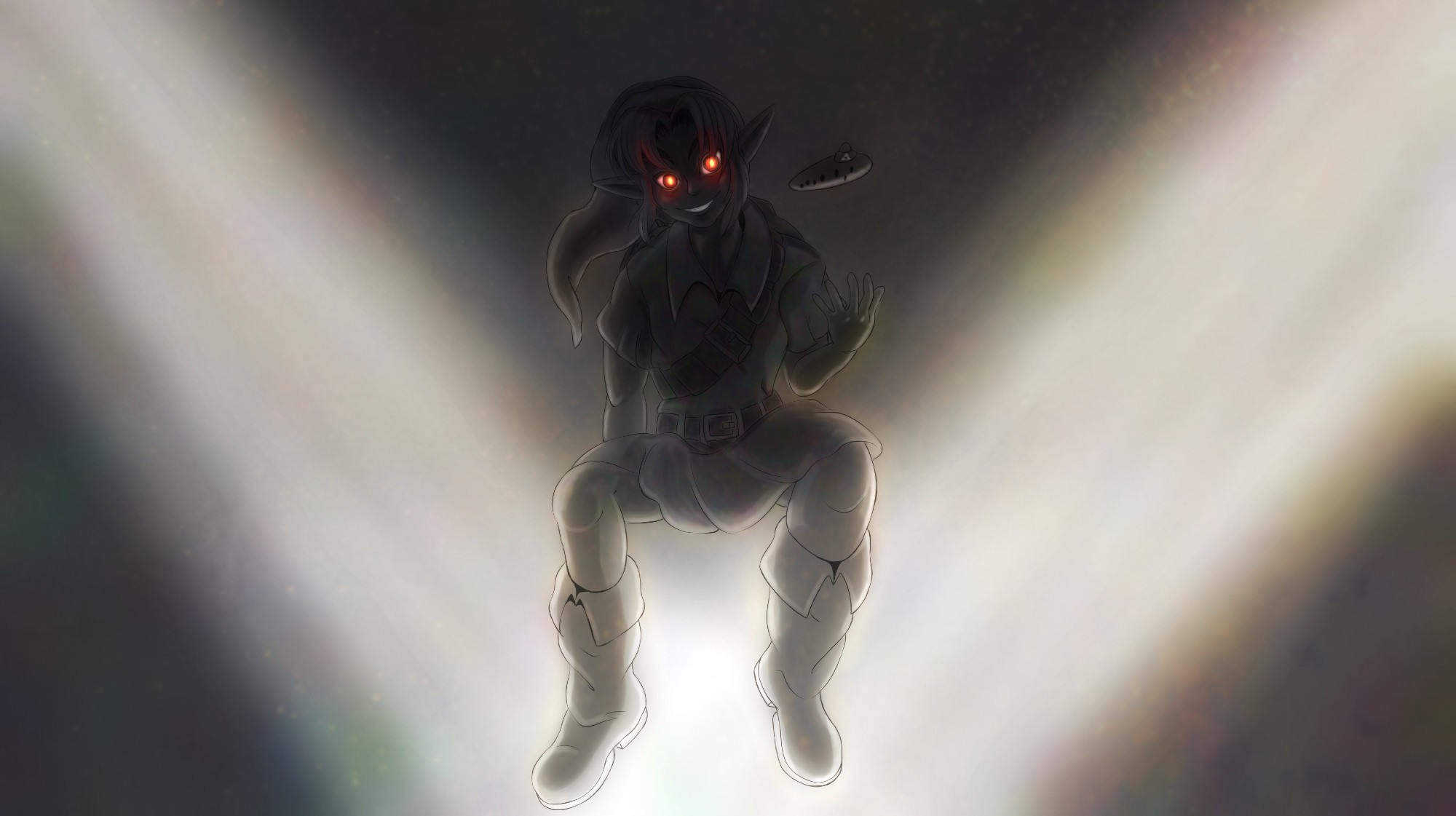 A dark and limited palette image of Young Link? An Echo whose pose, lighting, and thematic are meant to evoke Skull Kid with Majora's Mask at the beginning of the game- well- Majora's Mask. Complete with the vibe of tossing the ocarina up and down in one hand. At the edges of the light and worked into the shadows, is a muted rainbow of colors. The eyes glow a concerning red and yellow and are reminiscent of some depictions of Dark Link.

The picture was drawn back in 2018 to go along with what was going on with Super Smash Brothers Ultimate. Specifically the World of Light scenario in-game. 

((Funny enough, despite not knowing this at the time. Skull Kid IS a Spirit for that campaign. And in fact by the time I got it- was one of my most USED Spirits because of the ability to steal Health/Heal Damage by attacking.)) 