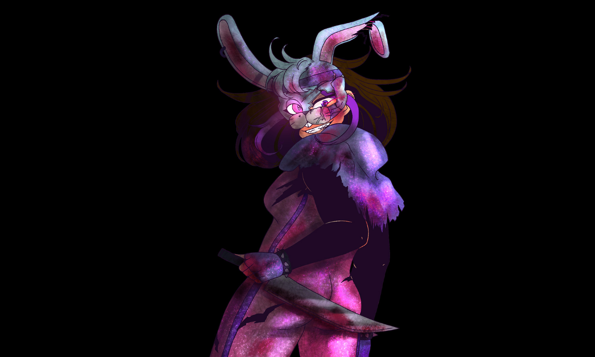 A partial body picture of Jess’s main sona, drawn in a more Slasher-like vibe. Themed in a costume based heavily on Glamrock Bonnie from FNAF: Security Breach and Ruin. 