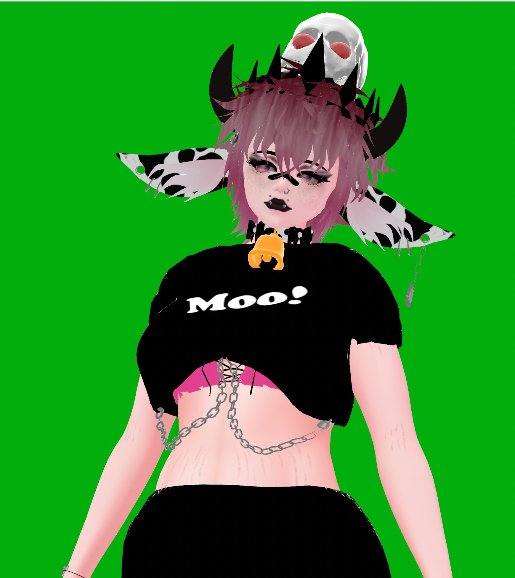 Thigh up shot of moo moo witch vtuber. Looking off to distance. 