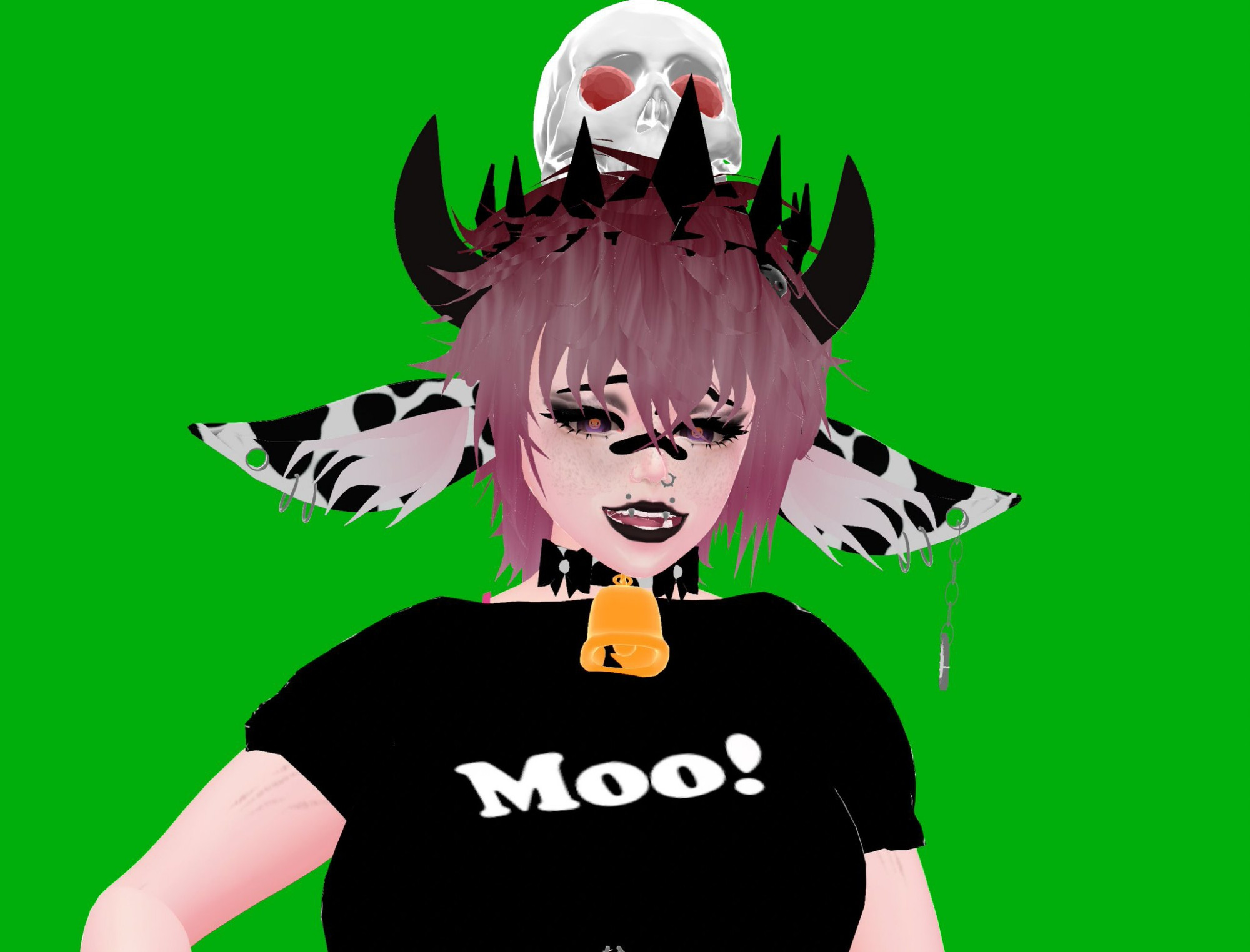 Bust up shot of moo moo witch vtuber. Smiling.  