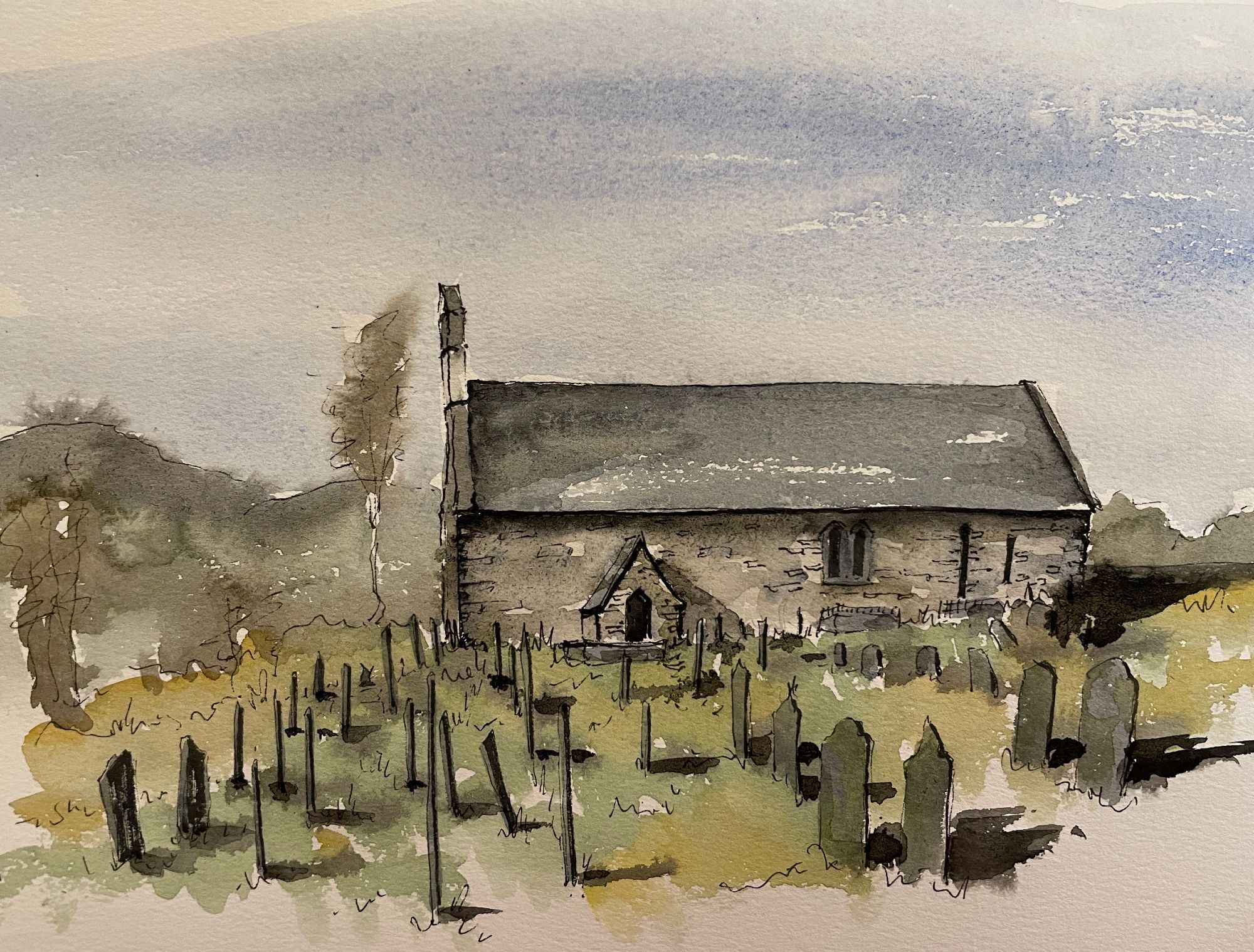 Watercolour view of low long church, blue roof, small bell gable to the left, porch and door in centre left, and several narrow windows to the right. In the front are rows of gravestones side-on in green/yellow grass, shadows stretching out to their right.