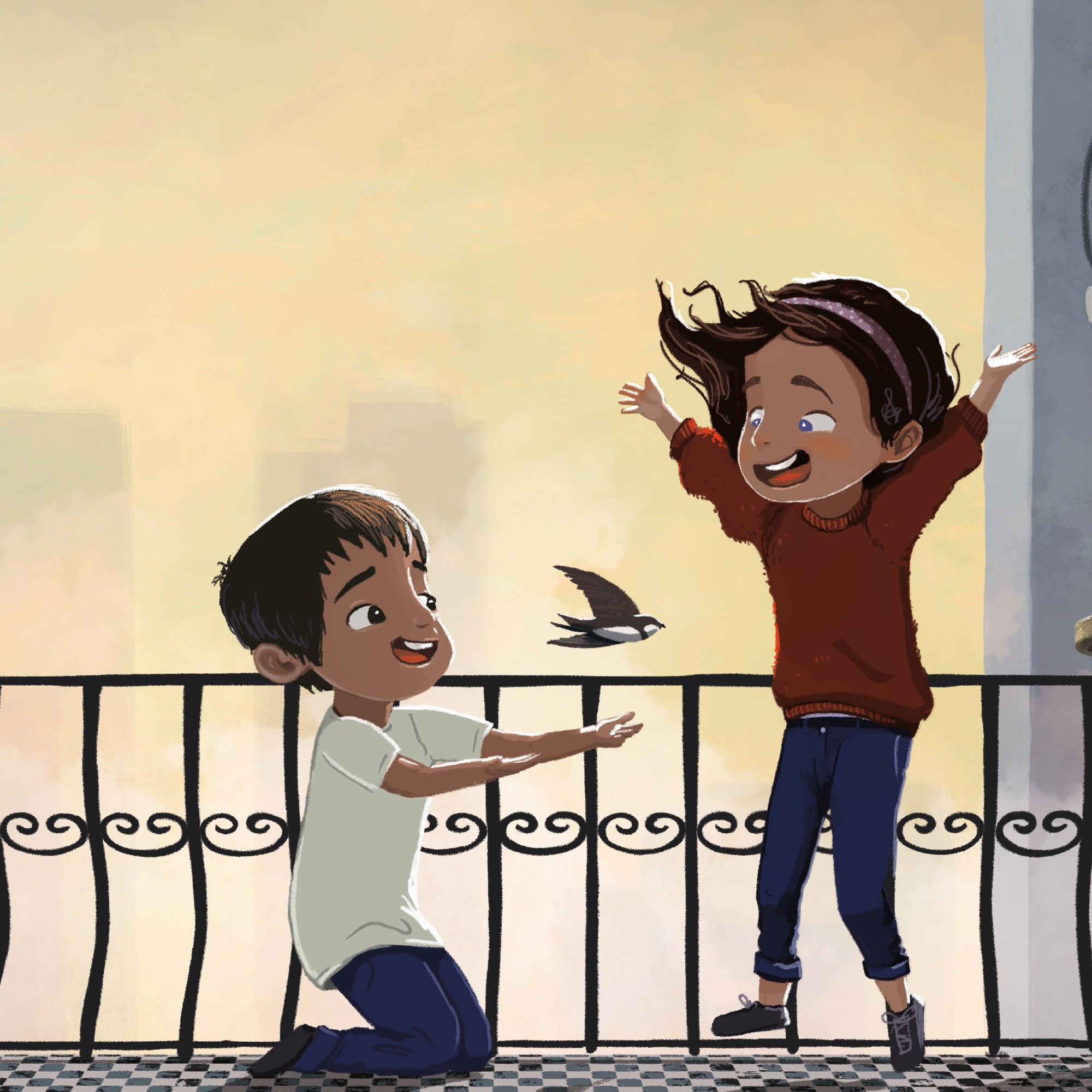 Illustration of Aria and Yusuf smiling and celebrating as the Swift takes off from Yusuf's hands. Taken from 'A Swift Return'.