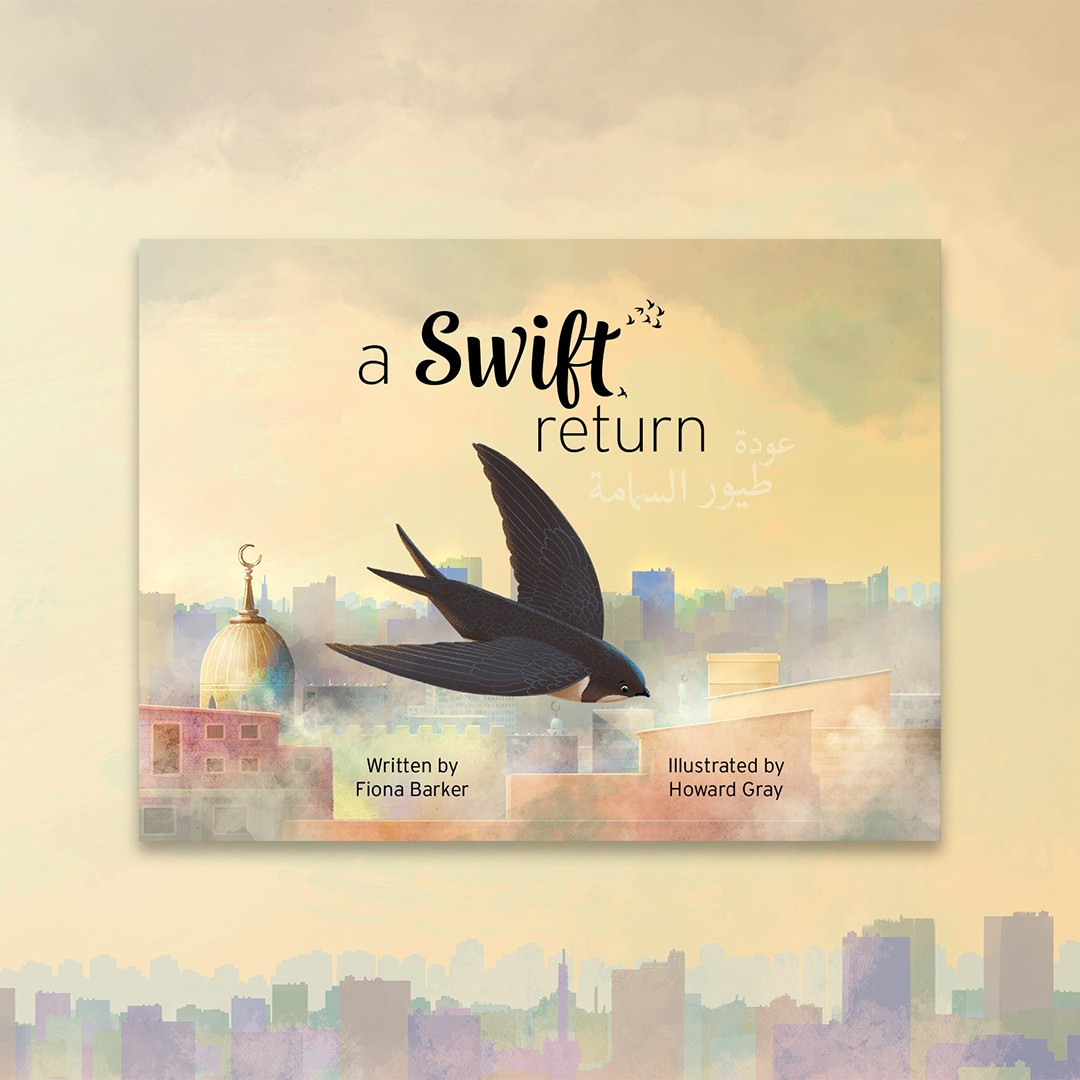 Cover of 'A Swift Return' against a sand coloured background above a multi-coloured illustrated skyline