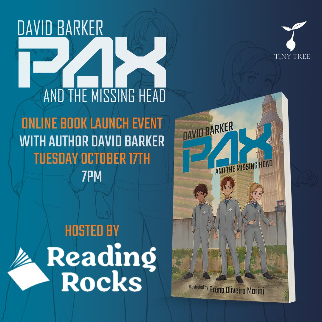 Promotional graphic advertising the online launch event for Pax and the Missing Head on October 17th at 7pm. Hosted by Reading Rocks.